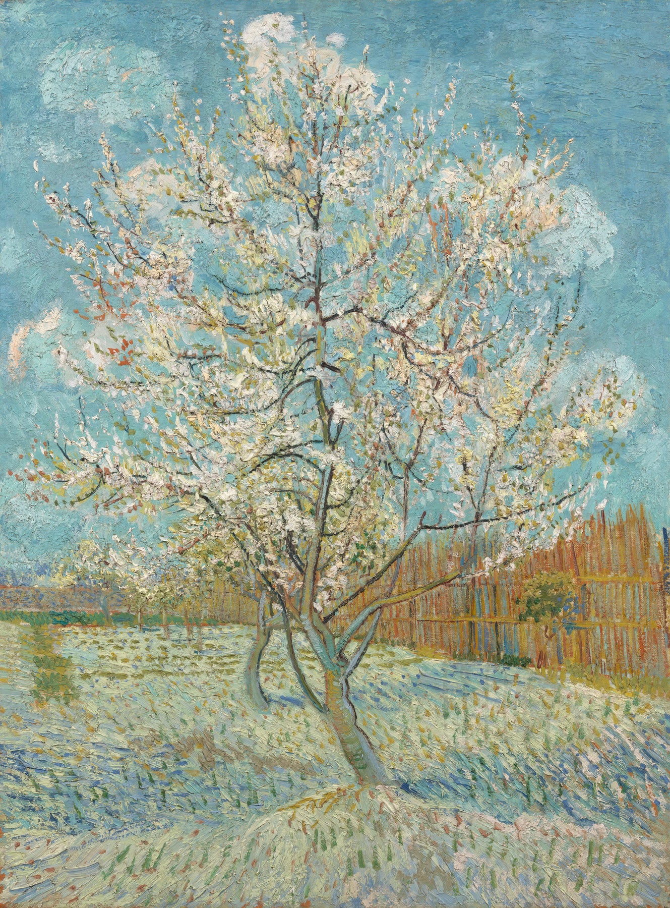 Large light blue and green Impressionist canvas print of The Pink Peach Tree by Vincent van Gogh