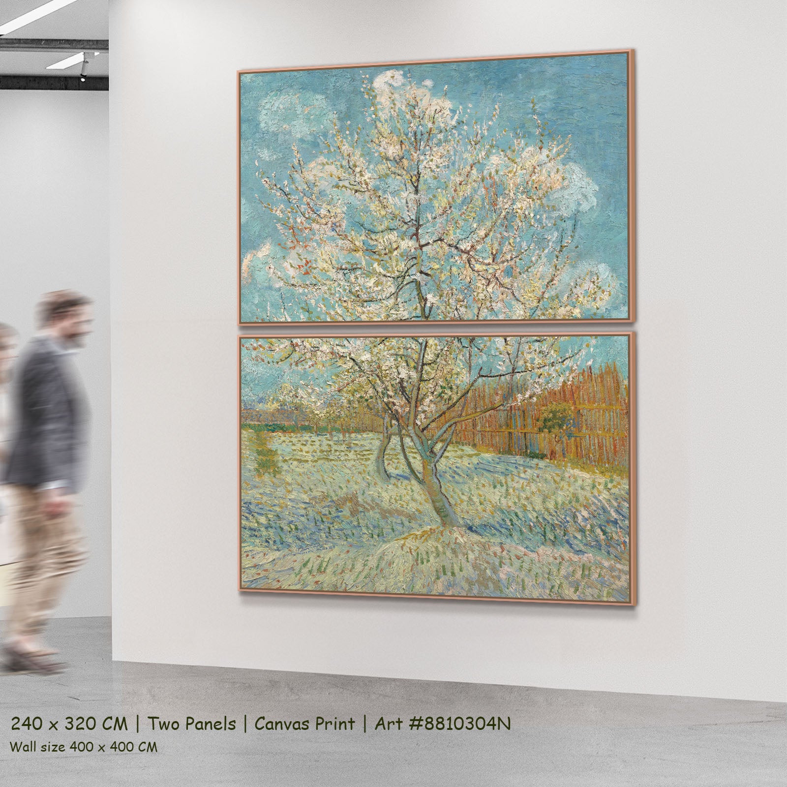 The Pink Peach Tree by Vincent van Gogh as a large two-panel light blue and green Impressionist canvas set