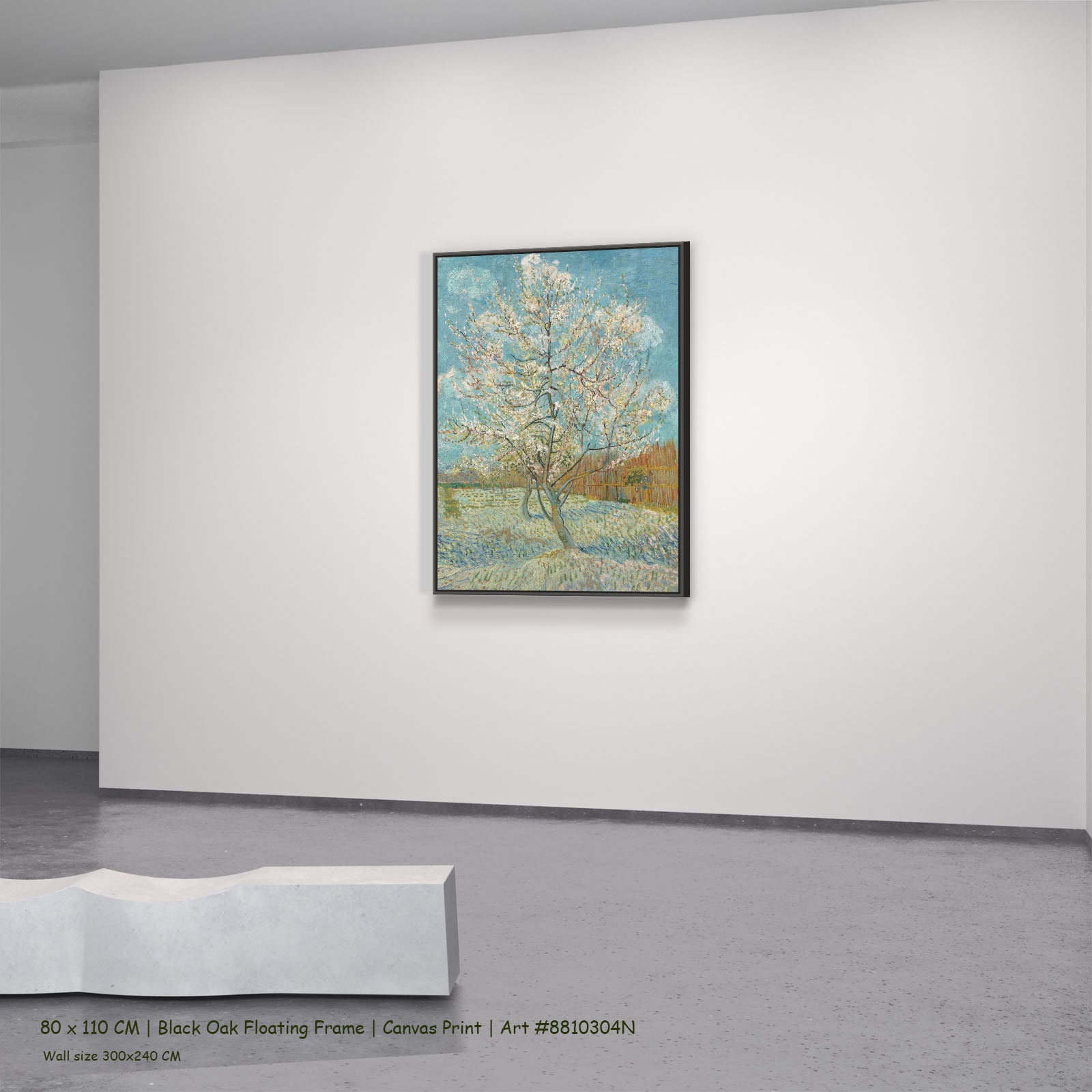 The Pink Peach Tree by Vincent van Gogh in a black oak floating frame, large light blue and green Impressionist canvas