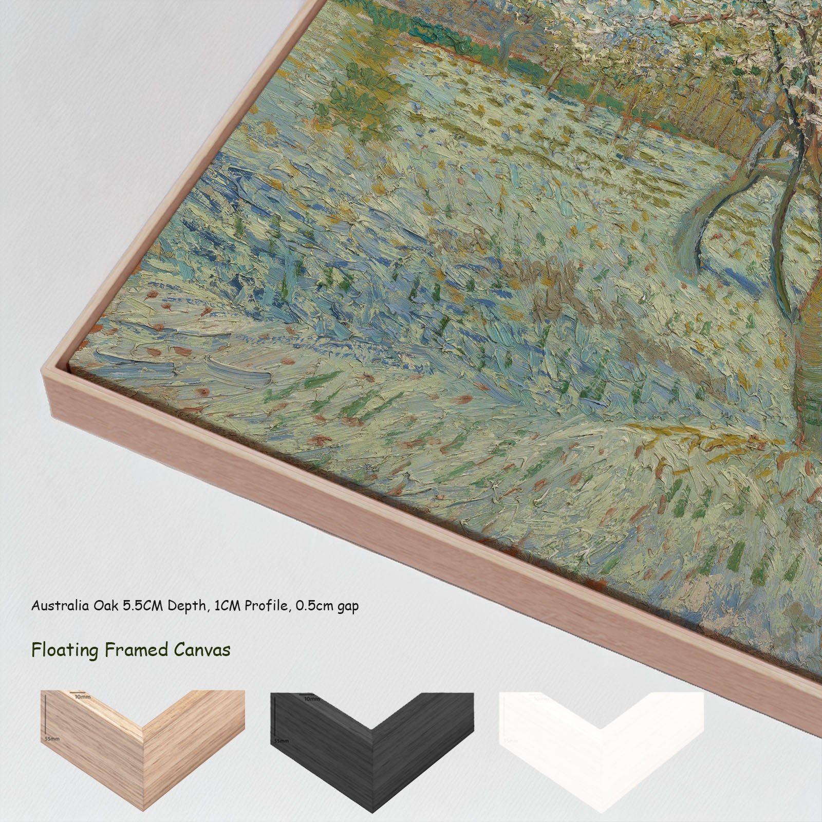 The Pink Peach Tree by Vincent van Gogh in a floating frame, large light blue and green Impressionist canvas print