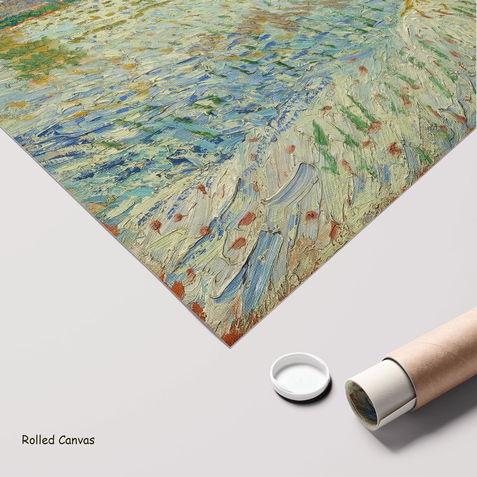 The Pink Peach Tree by Vincent van Gogh as a large rolled light blue and green Impressionist canvas print