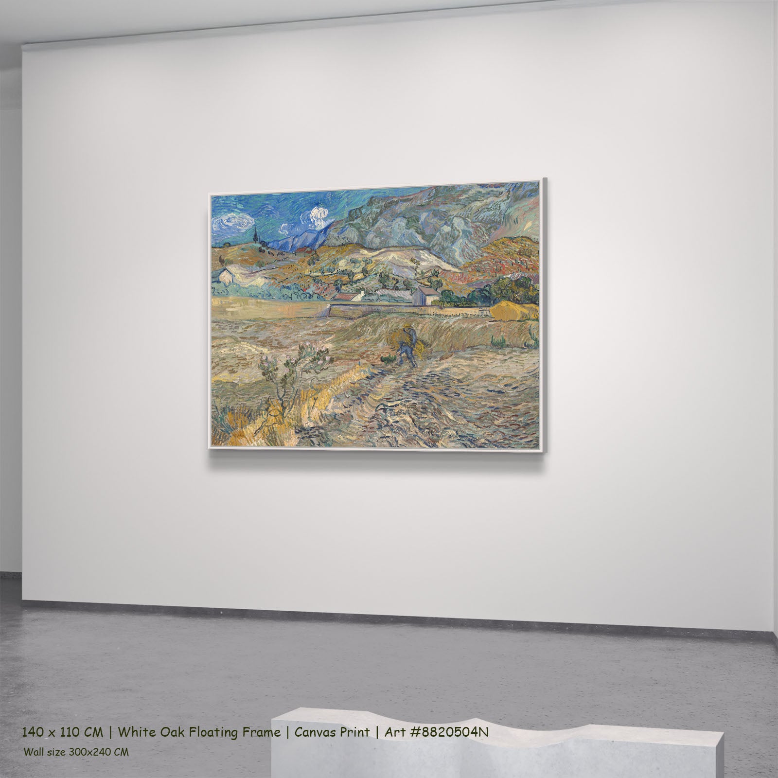 Enclosed Field with Peasant by Vincent van Gogh in a white oak floating frame, large gold and grey Impressionist canvas