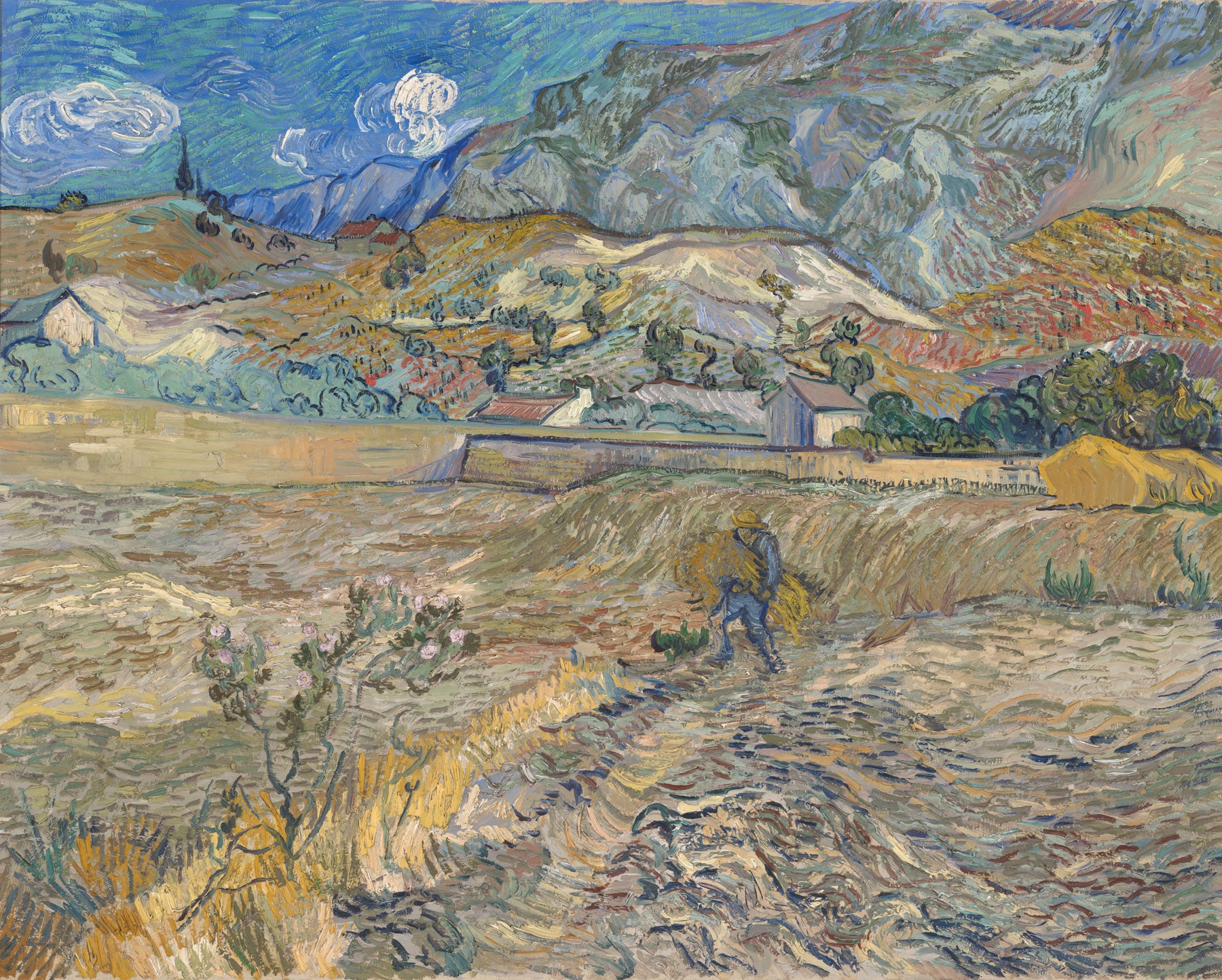 Large gold and grey Impressionist canvas print of Enclosed Field with Peasant by Vincent van Gogh