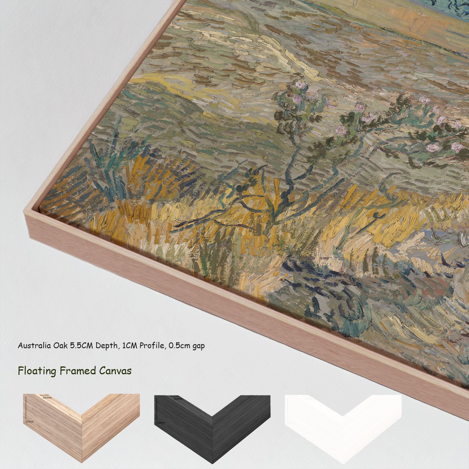 Enclosed Field with Peasant by Vincent van Gogh in a floating frame, large gold and grey Impressionist canvas print