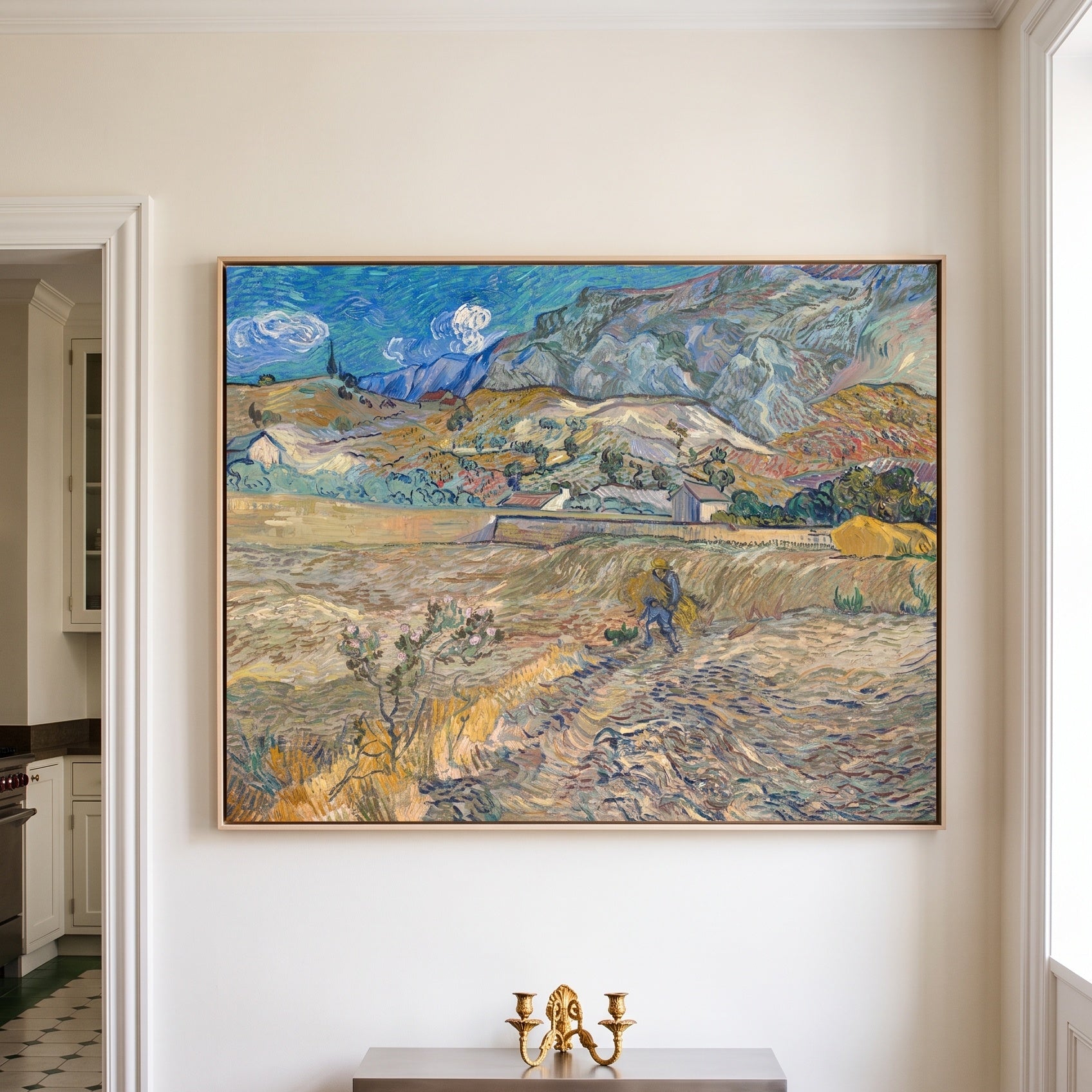 Enclosed Field with Peasant by Vincent van Gogh — large gold and grey Impressionist canvas art on a hallway wall