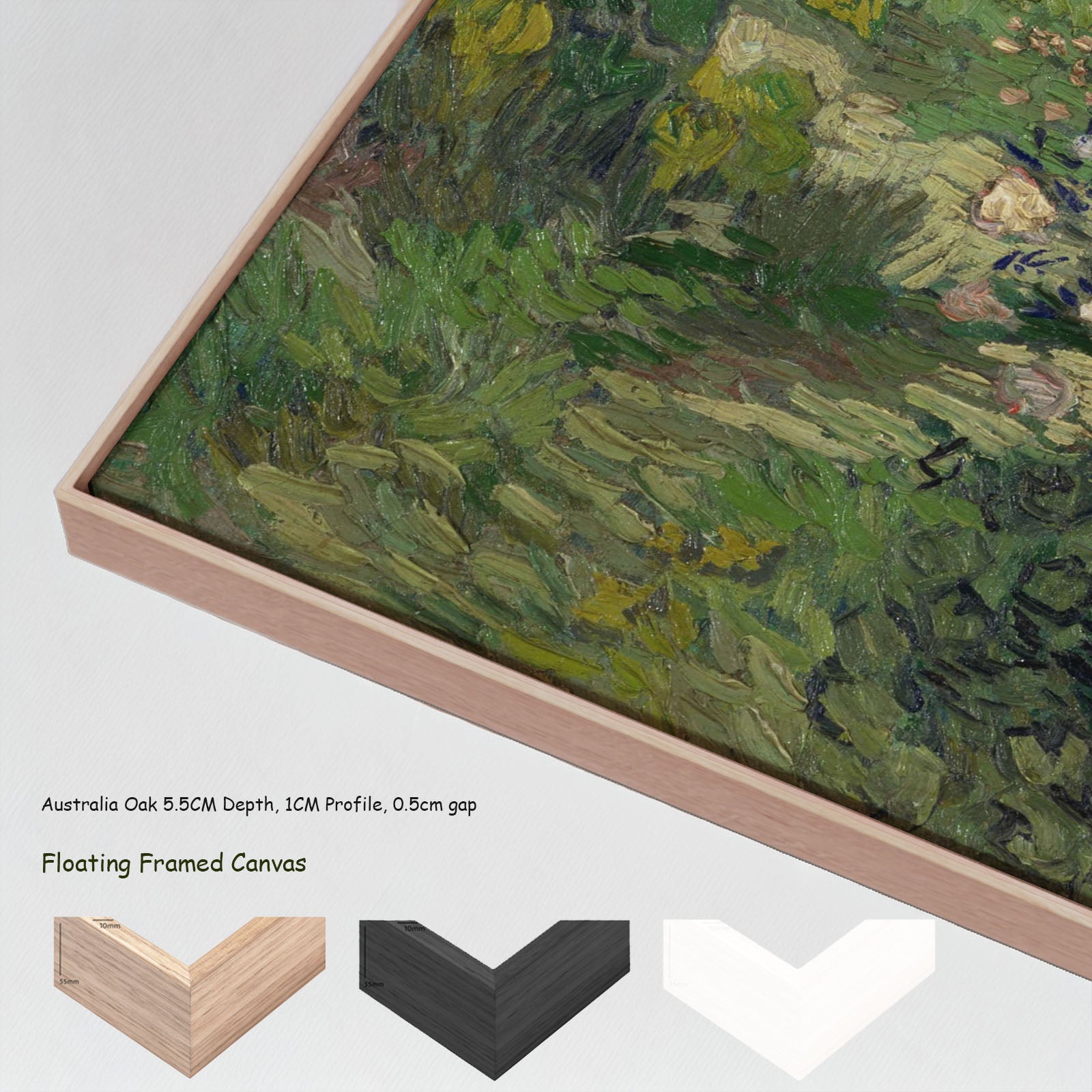 Roses by Vincent van Gogh in a floating frame, large green and pink Impressionist canvas print