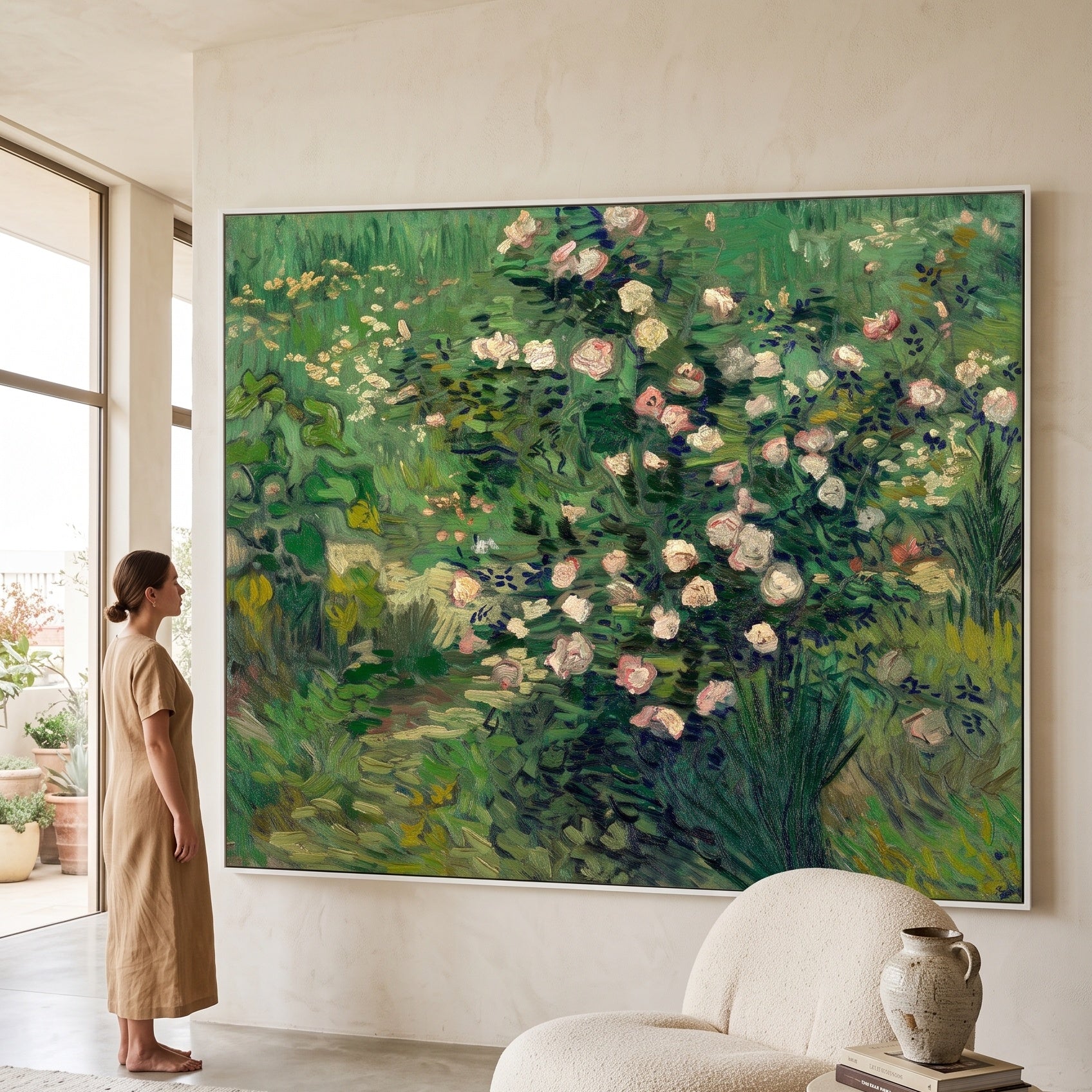 Roses by Vincent van Gogh — large green and pink Impressionist canvas art on a living room wall