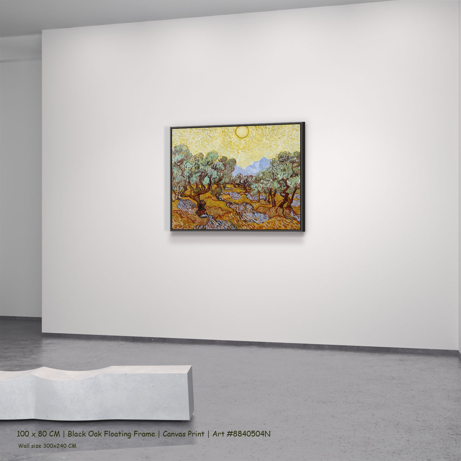 Olive Trees with Yellow Sky and by Vincent van Gogh in a black oak floating frame, large yellow and orange Impressionist canv