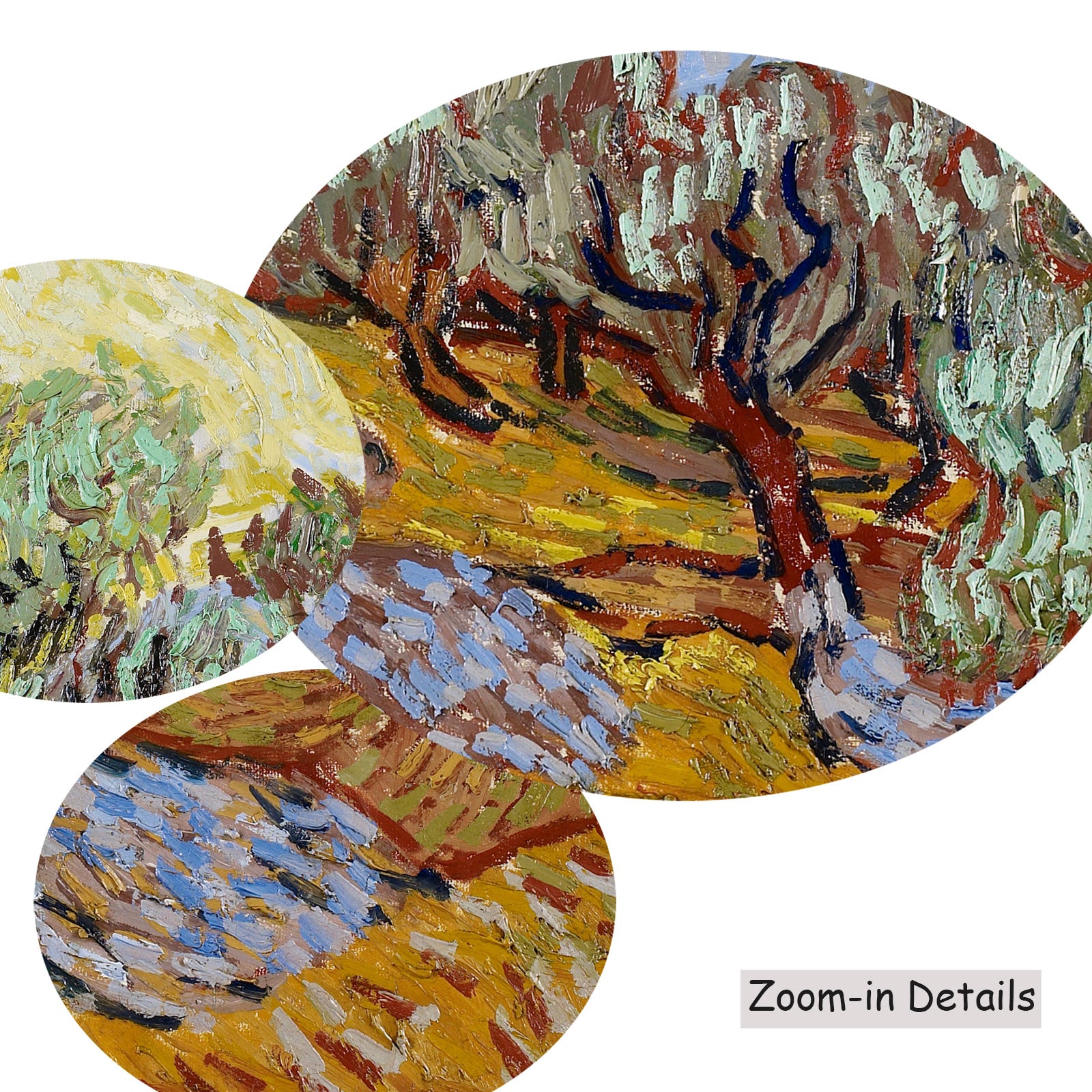 Close-up detail of the brushwork on Olive Trees with Yellow Sky and, a large yellow and orange Impressionist canvas by Vincen