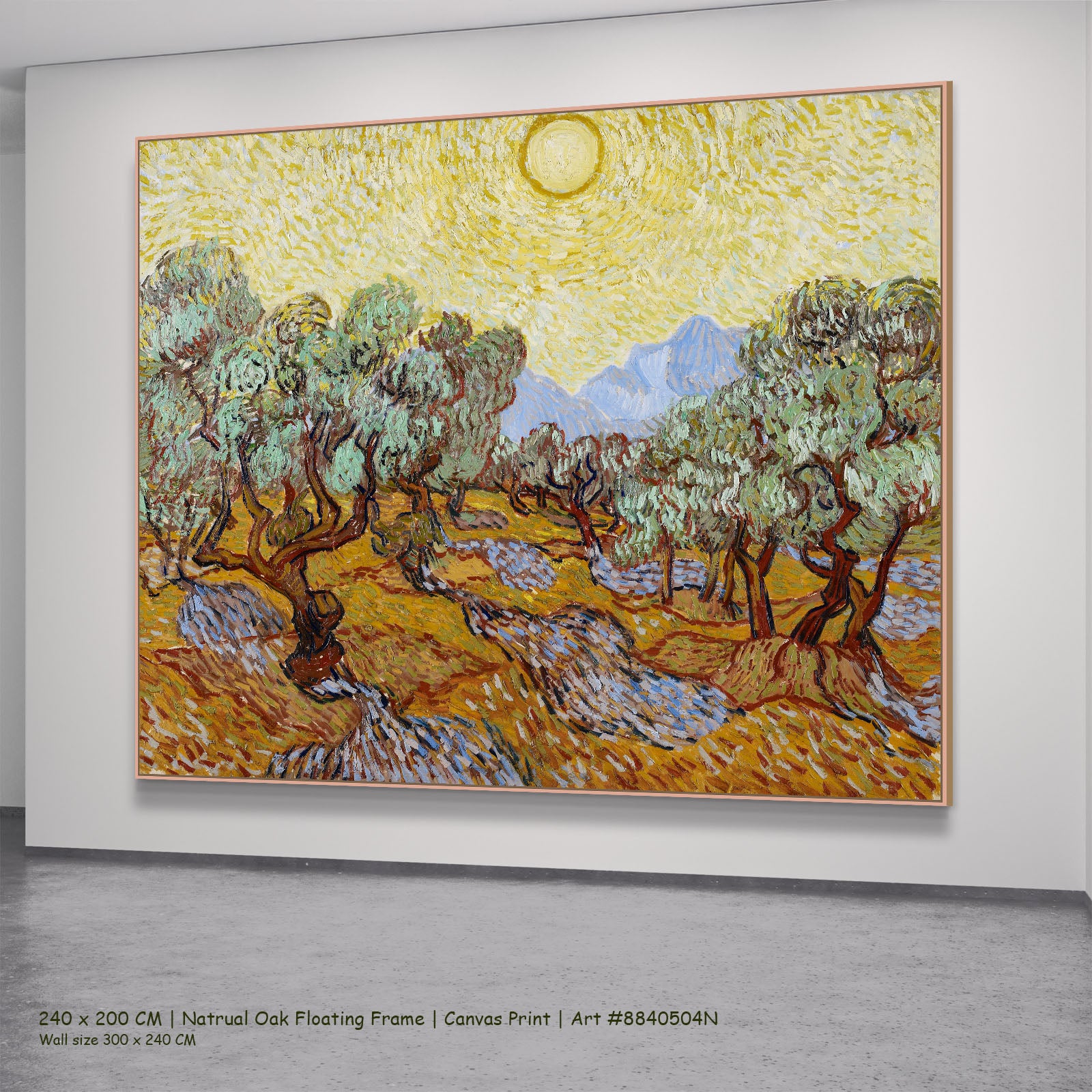 Olive Trees with Yellow Sky and by Vincent van Gogh in a natural oak floating frame, large yellow and orange Impressionist ca