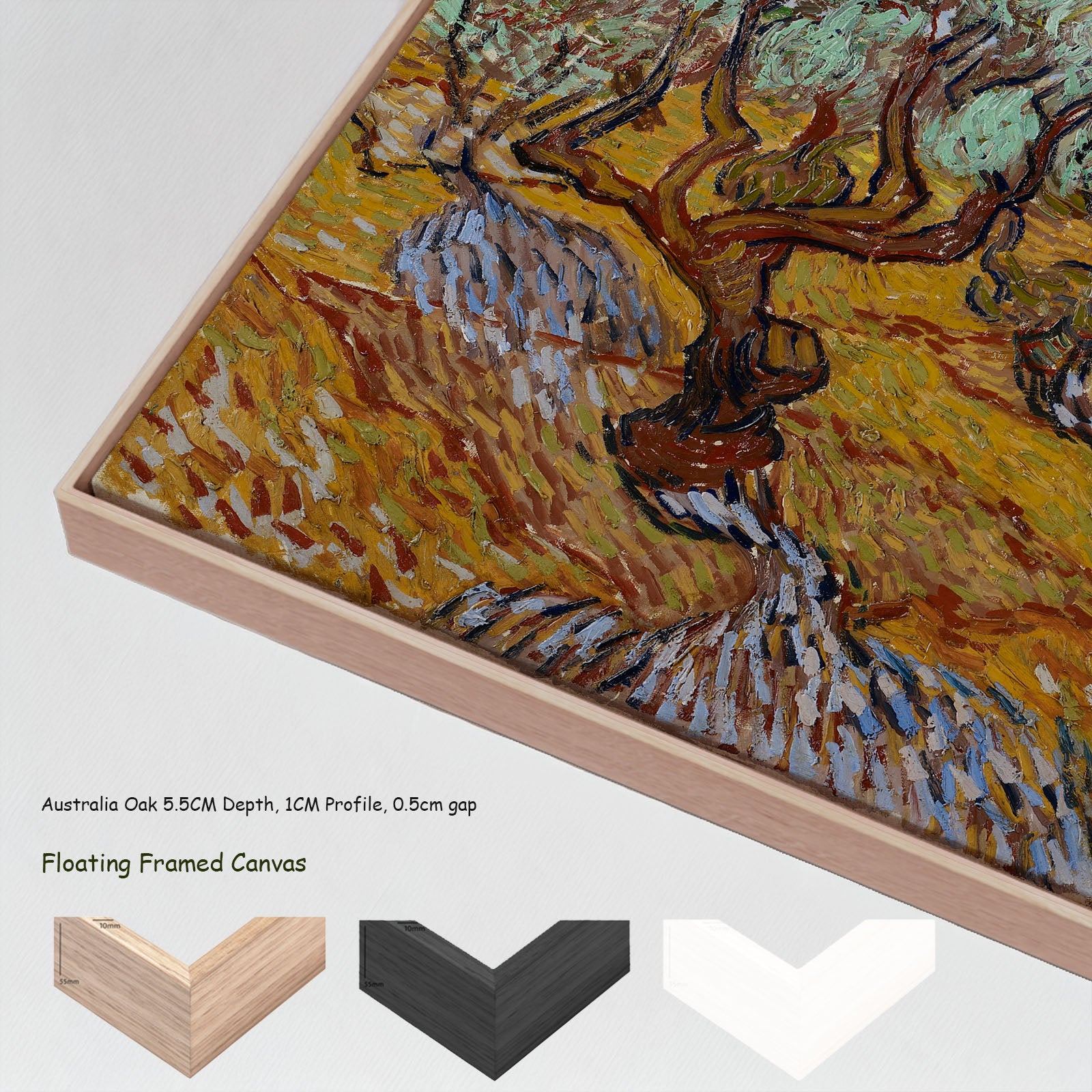 Olive Trees with Yellow Sky and by Vincent van Gogh in a floating frame, large yellow and orange Impressionist canvas print