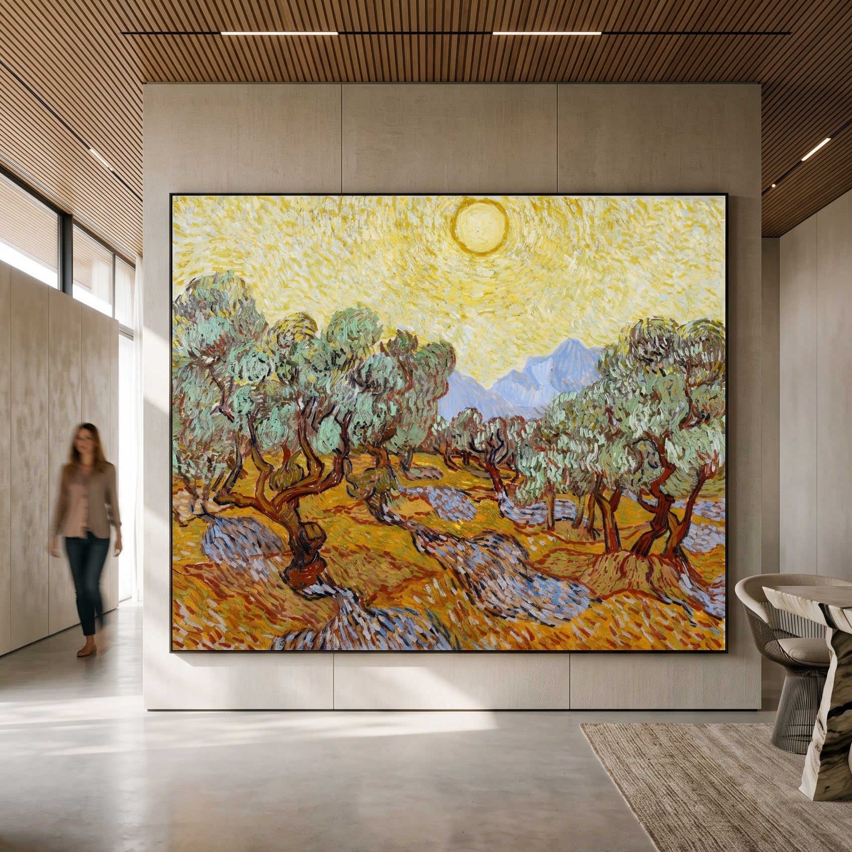 Olive Trees with Yellow Sky and by Vincent van Gogh — large yellow and orange Impressionist canvas art on a hallway wall
