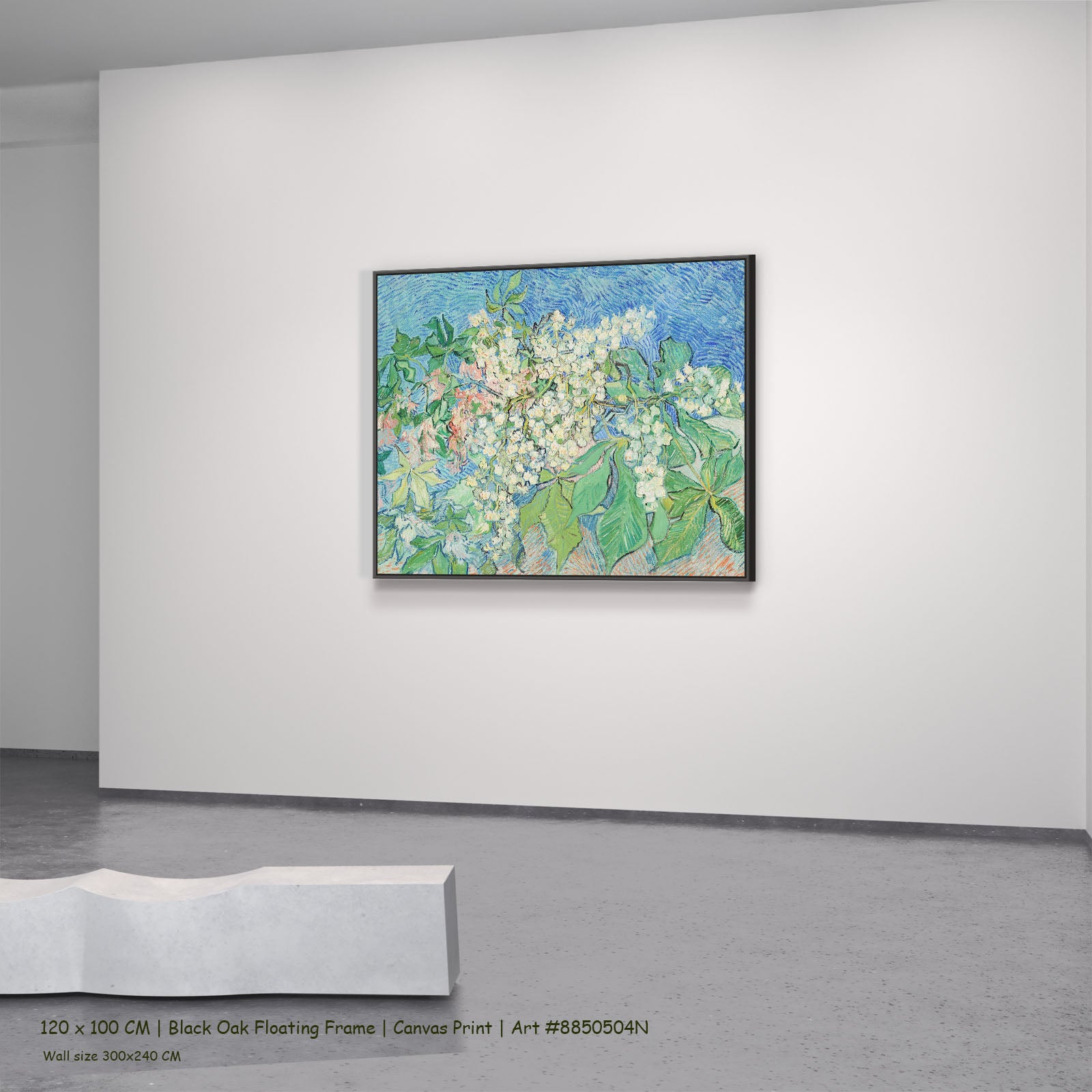 Blossoming Chestnut Branches by Vincent van Gogh in a black oak floating frame, large green and blue Impressionist canvas
