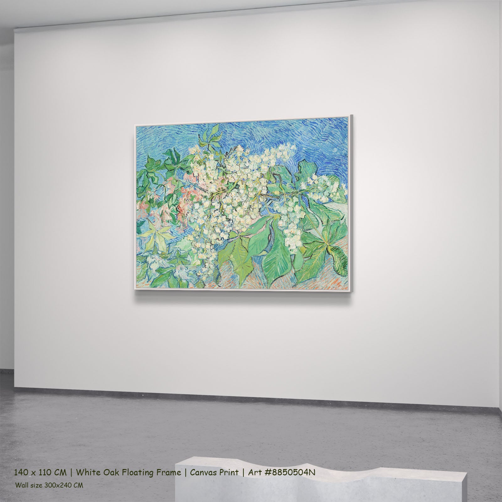 Blossoming Chestnut Branches by Vincent van Gogh in a white oak floating frame, large green and blue Impressionist canvas