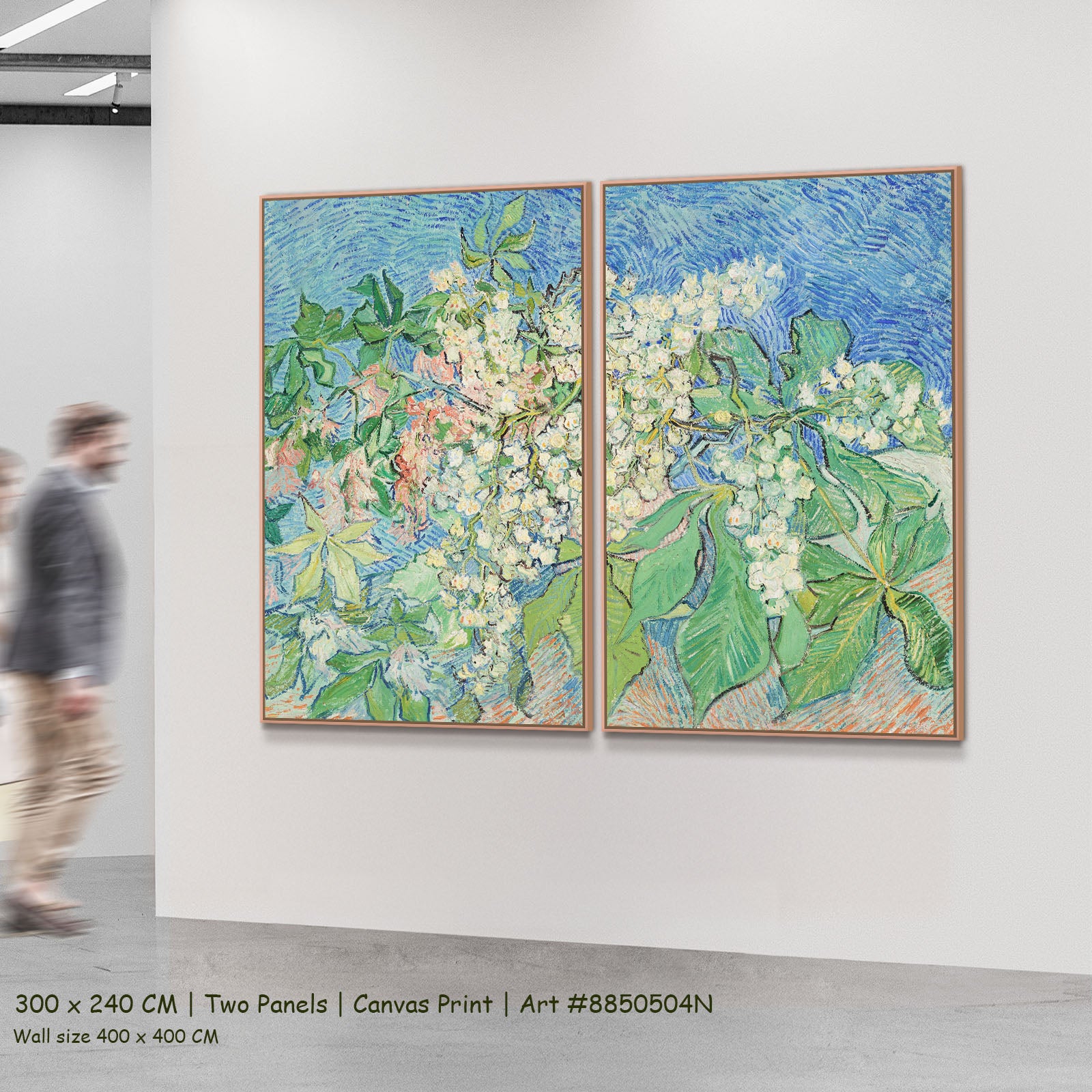 Blossoming Chestnut Branches by Vincent van Gogh as a large two-panel green and blue Impressionist canvas set