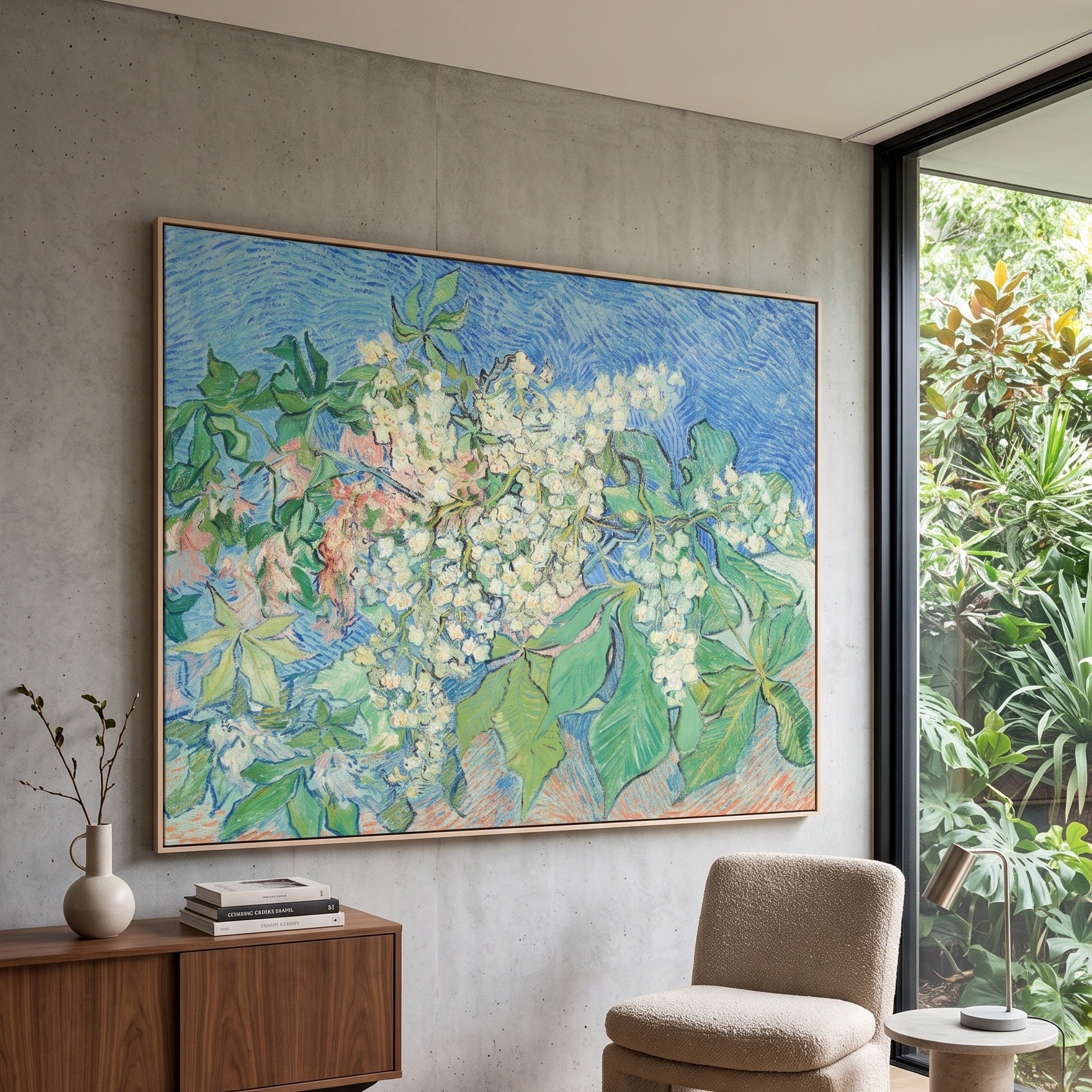 Blossoming Chestnut Branches by Vincent van Gogh — large green and blue Impressionist canvas art displayed on a wall