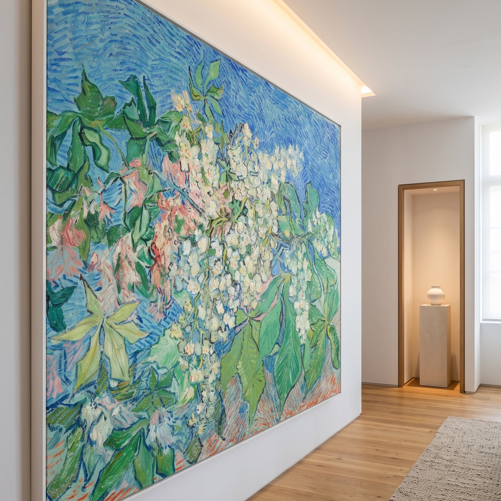 Blossoming Chestnut Branches by Vincent van Gogh — large green and blue Impressionist canvas art on a living room wall