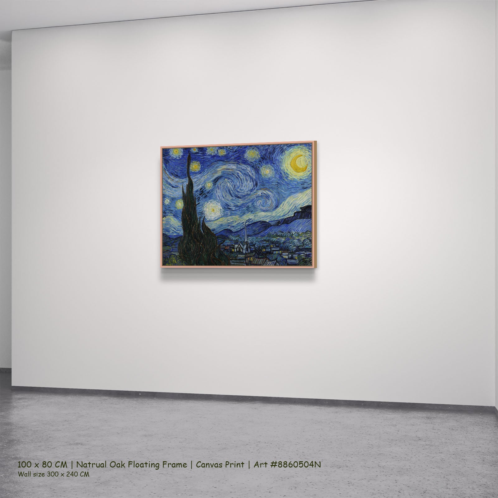 The Starry Night by Vincent van Gogh in a natural oak floating frame, large blue and yellow Impressionist canvas