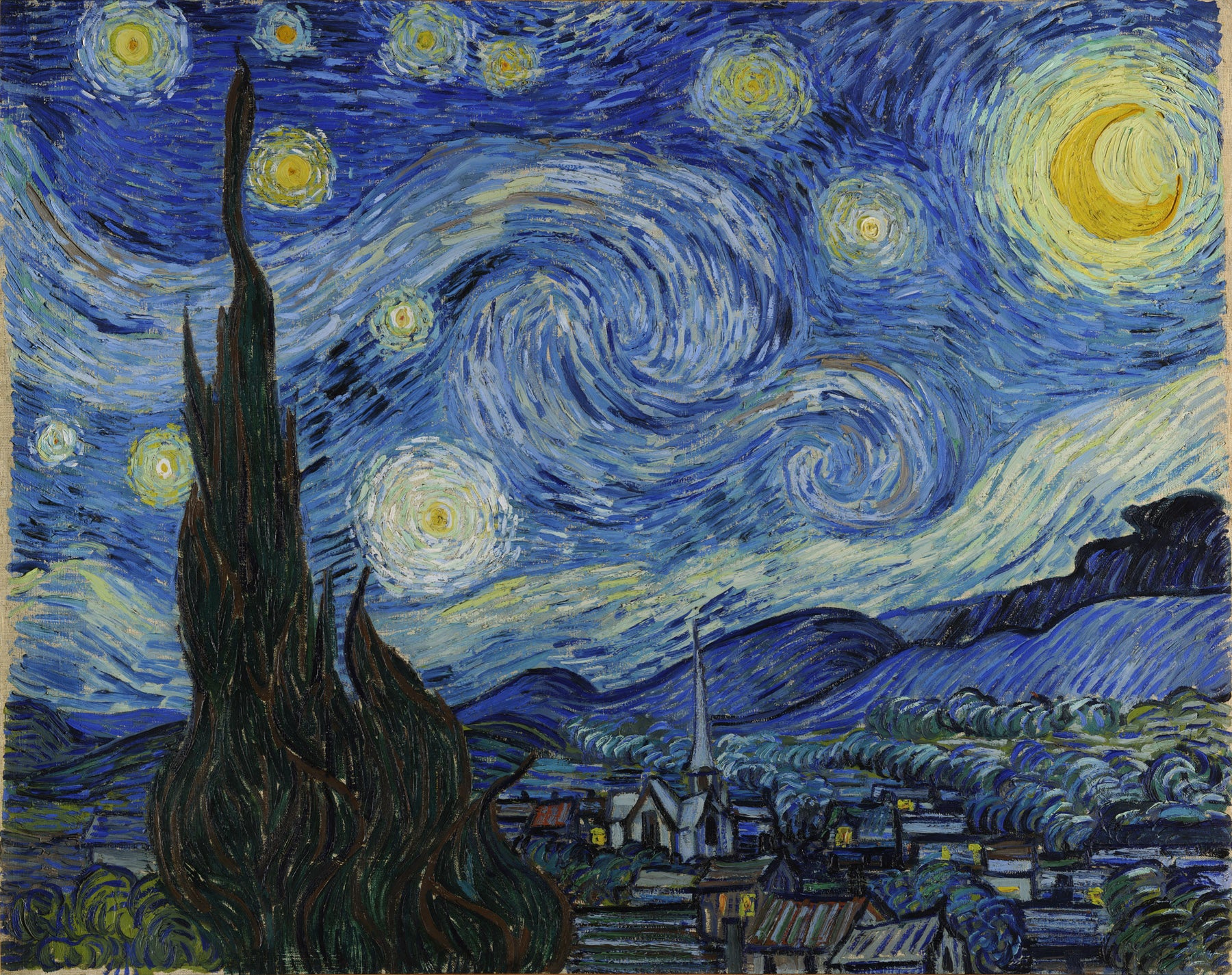 Large blue and yellow Impressionist canvas print of The Starry Night by Vincent van Gogh