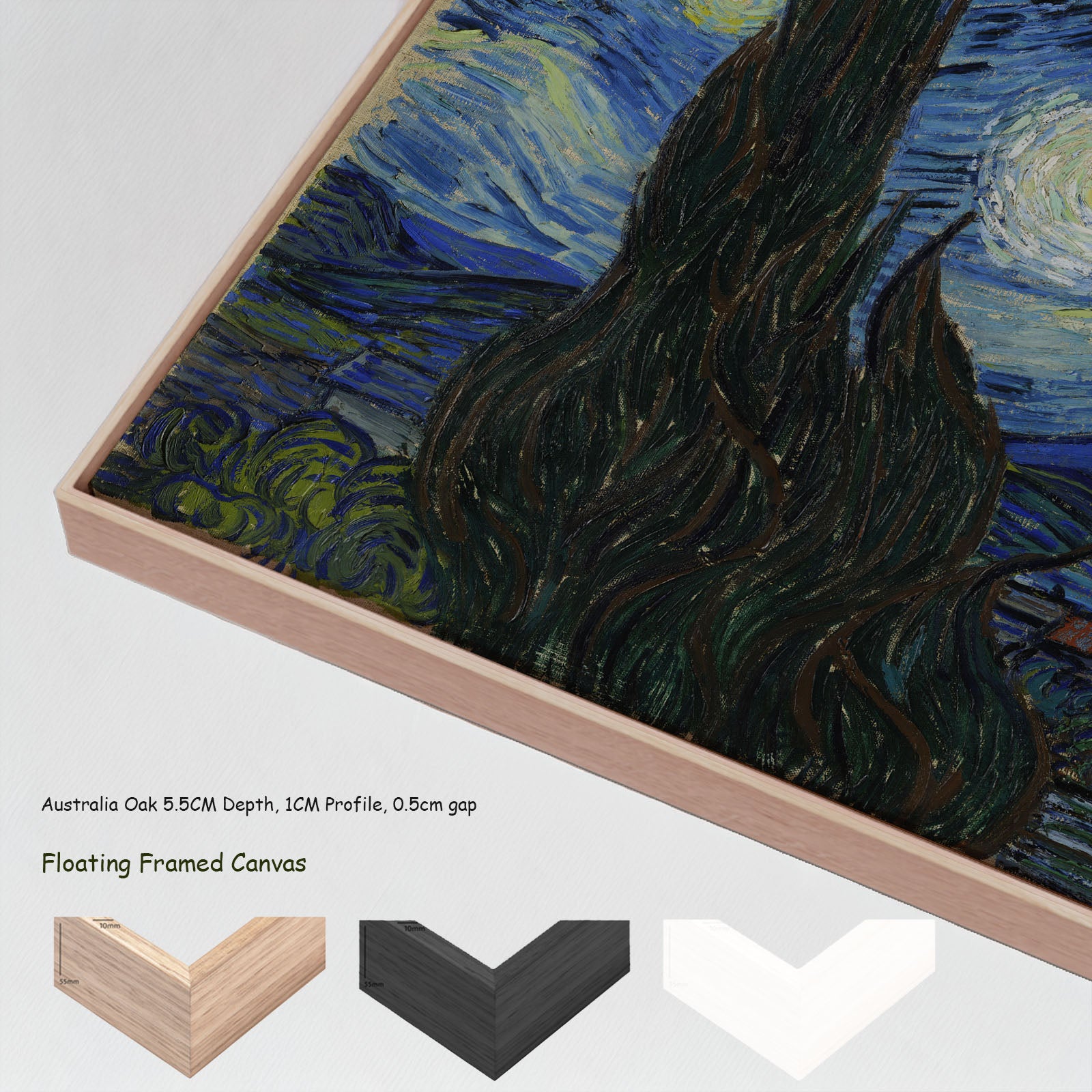 The Starry Night by Vincent van Gogh in a floating frame, large blue and yellow Impressionist canvas print