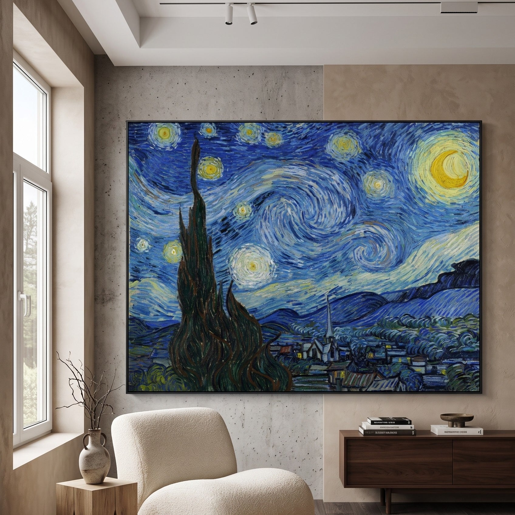 The Starry Night by Vincent van Gogh — large blue and yellow Impressionist canvas art on a hallway wall