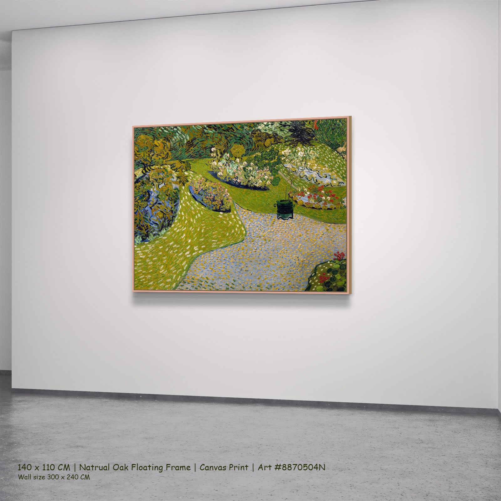 Garden in Auvers by Vincent van Gogh in a natural oak floating frame, large green and blue Impressionist canvas