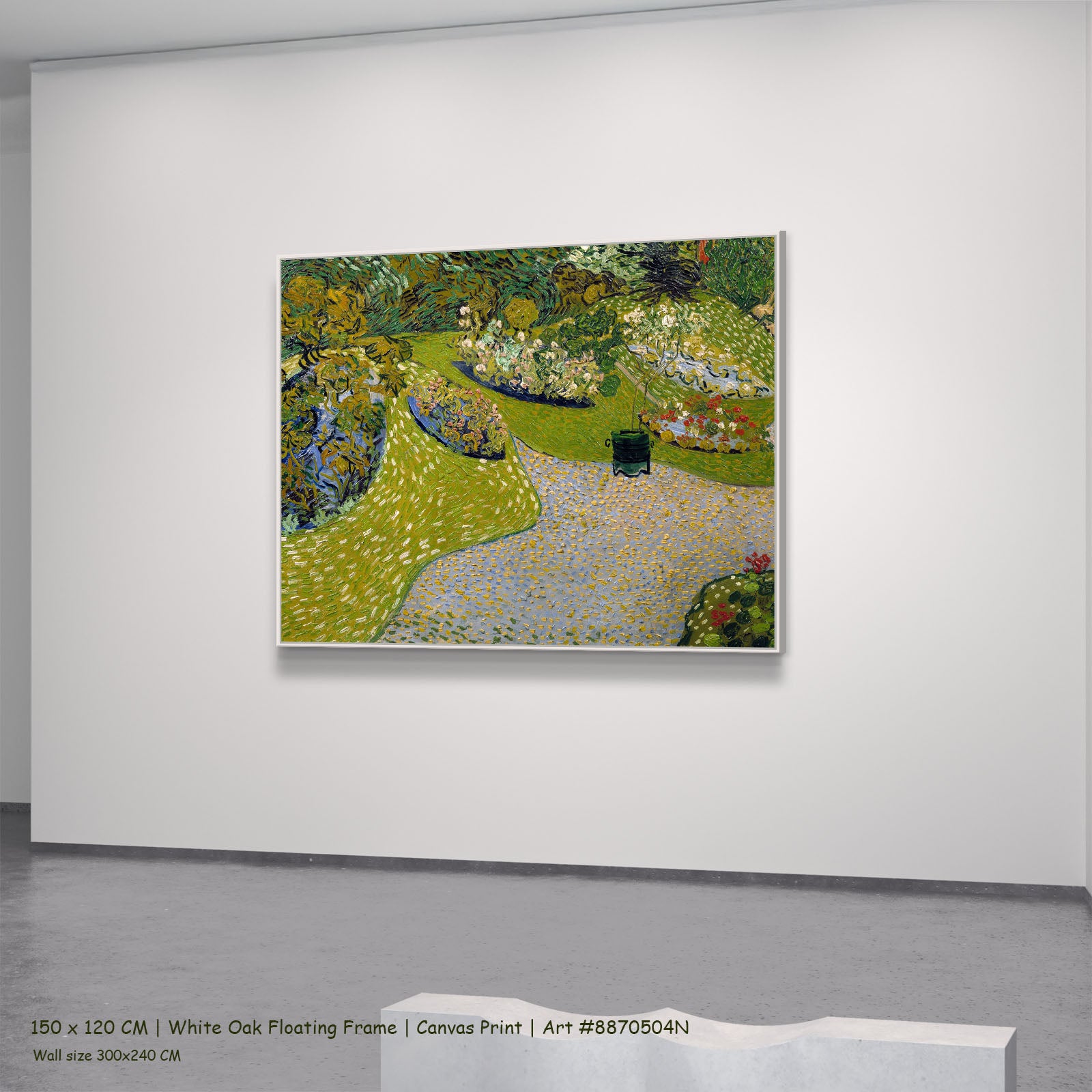 Garden in Auvers by Vincent van Gogh in a white oak floating frame, large green and blue Impressionist canvas