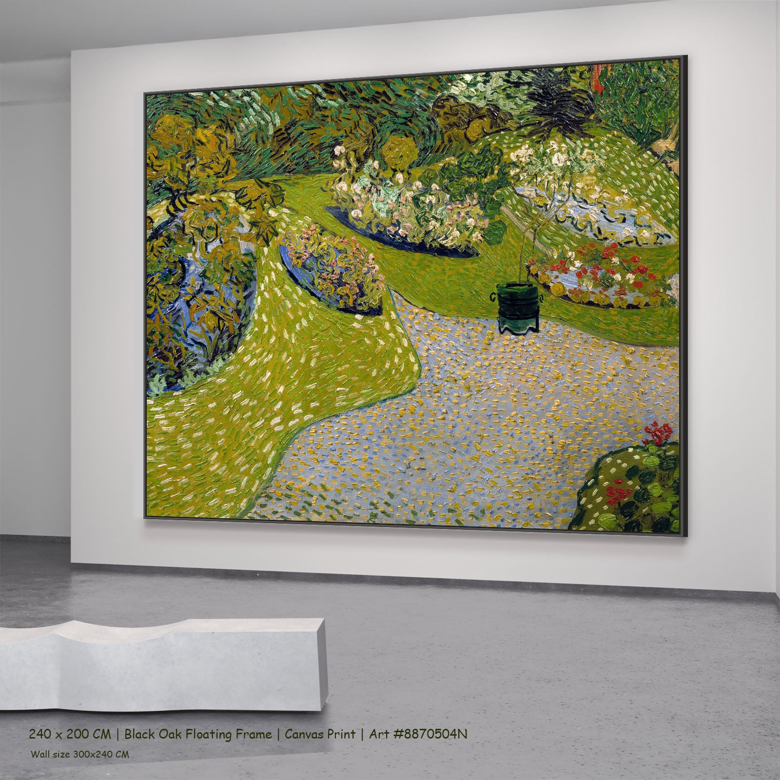 Garden in Auvers by Vincent van Gogh in a black oak floating frame, large green and blue Impressionist canvas
