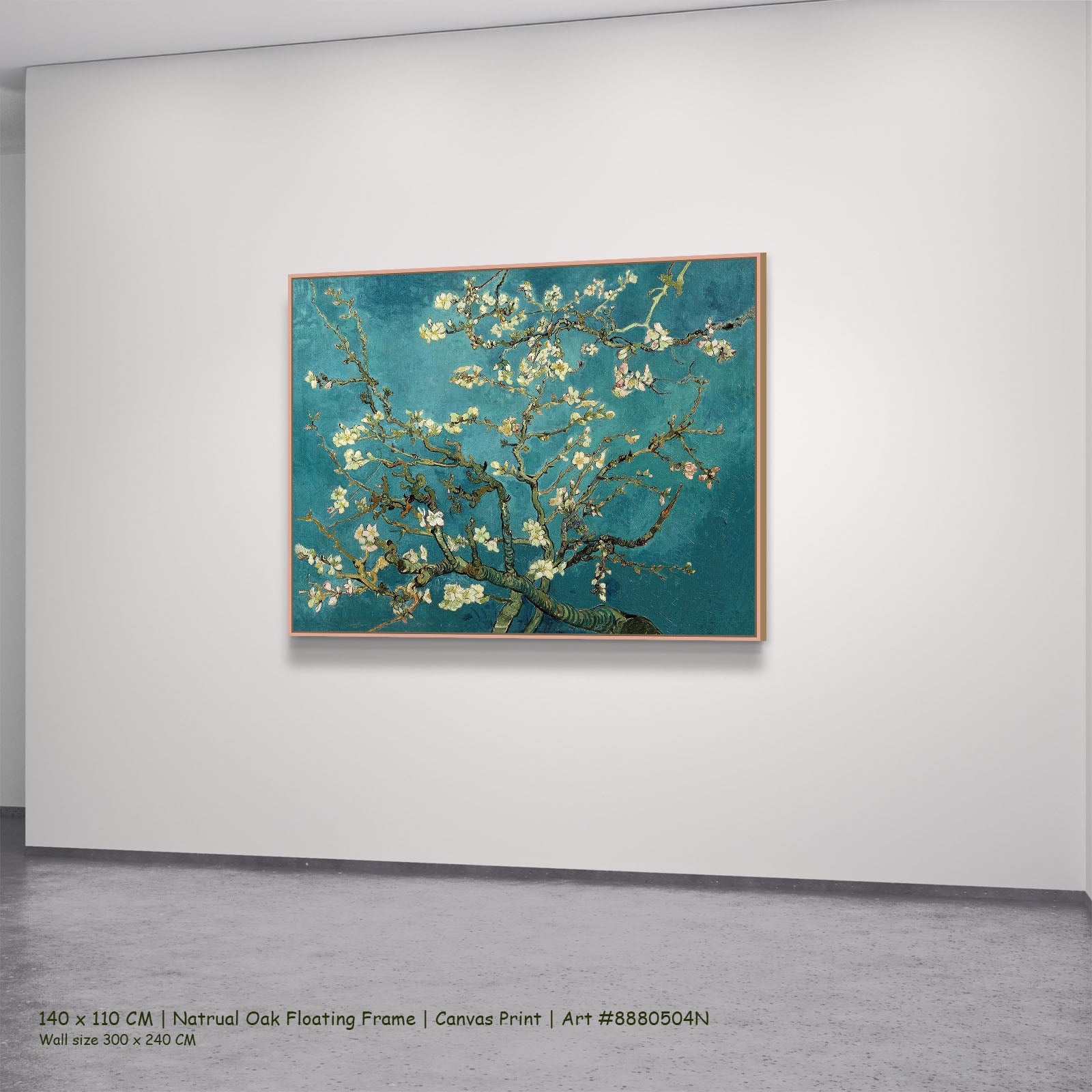 Almond Blossom by Vincent van Gogh in a natural oak floating frame, large aqua and white Impressionist canvas