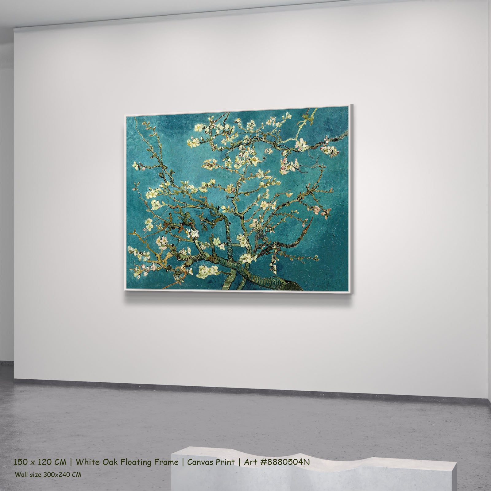 Almond Blossom by Vincent van Gogh in a white oak floating frame, large aqua and white Impressionist canvas