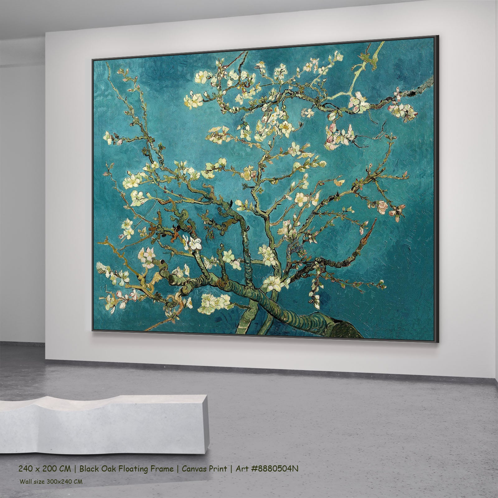 Almond Blossom by Vincent van Gogh in a black oak floating frame, large aqua and white Impressionist canvas