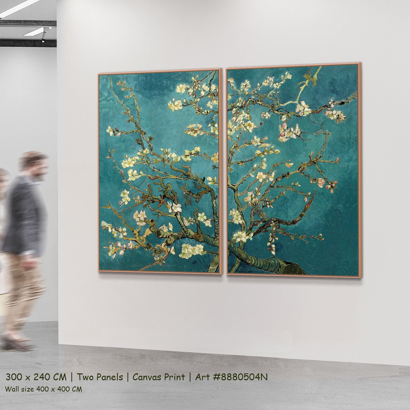 Almond Blossom by Vincent van Gogh as a large two-panel aqua and white Impressionist canvas set
