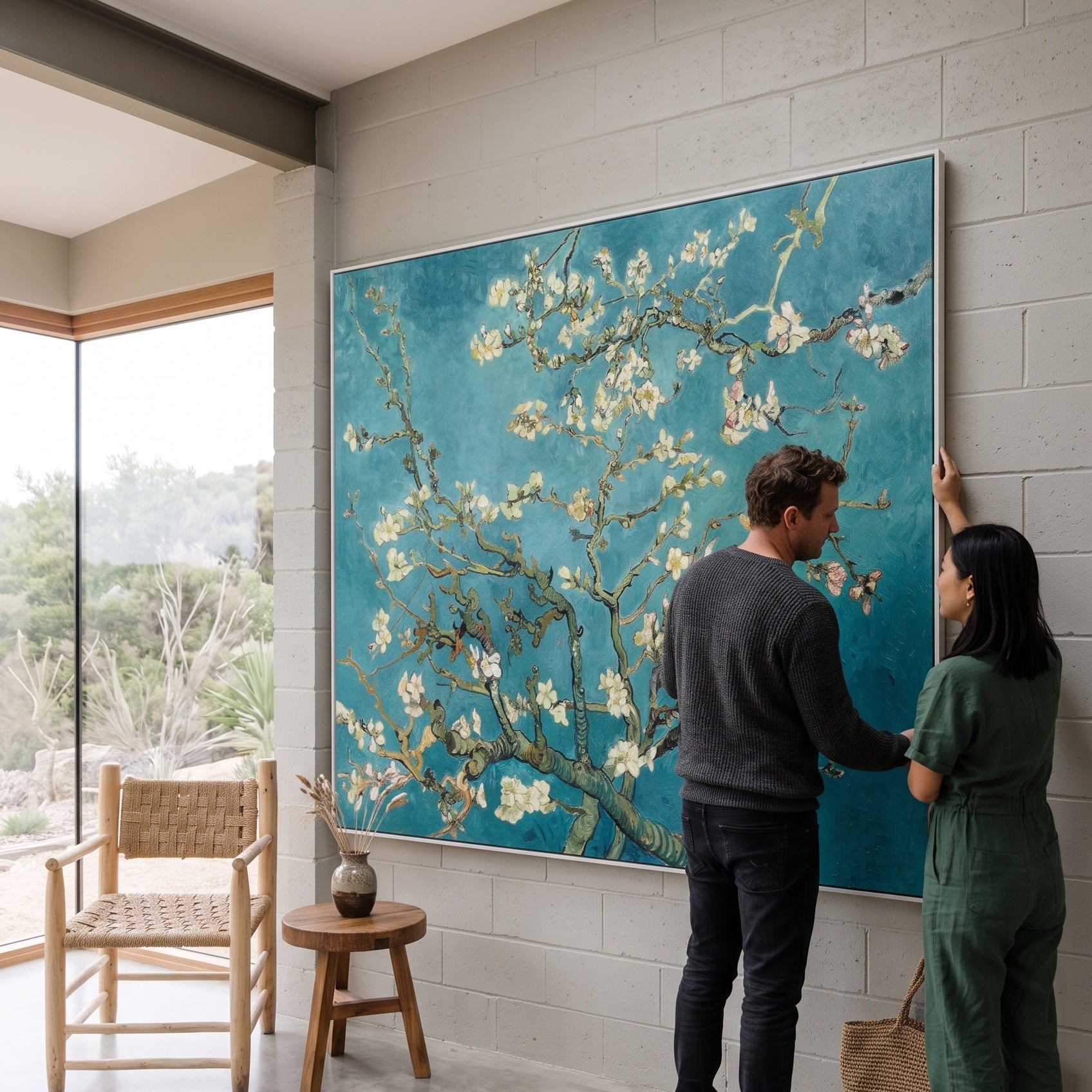 Almond Blossom by Vincent van Gogh — large aqua and white Impressionist canvas art on a living room wall