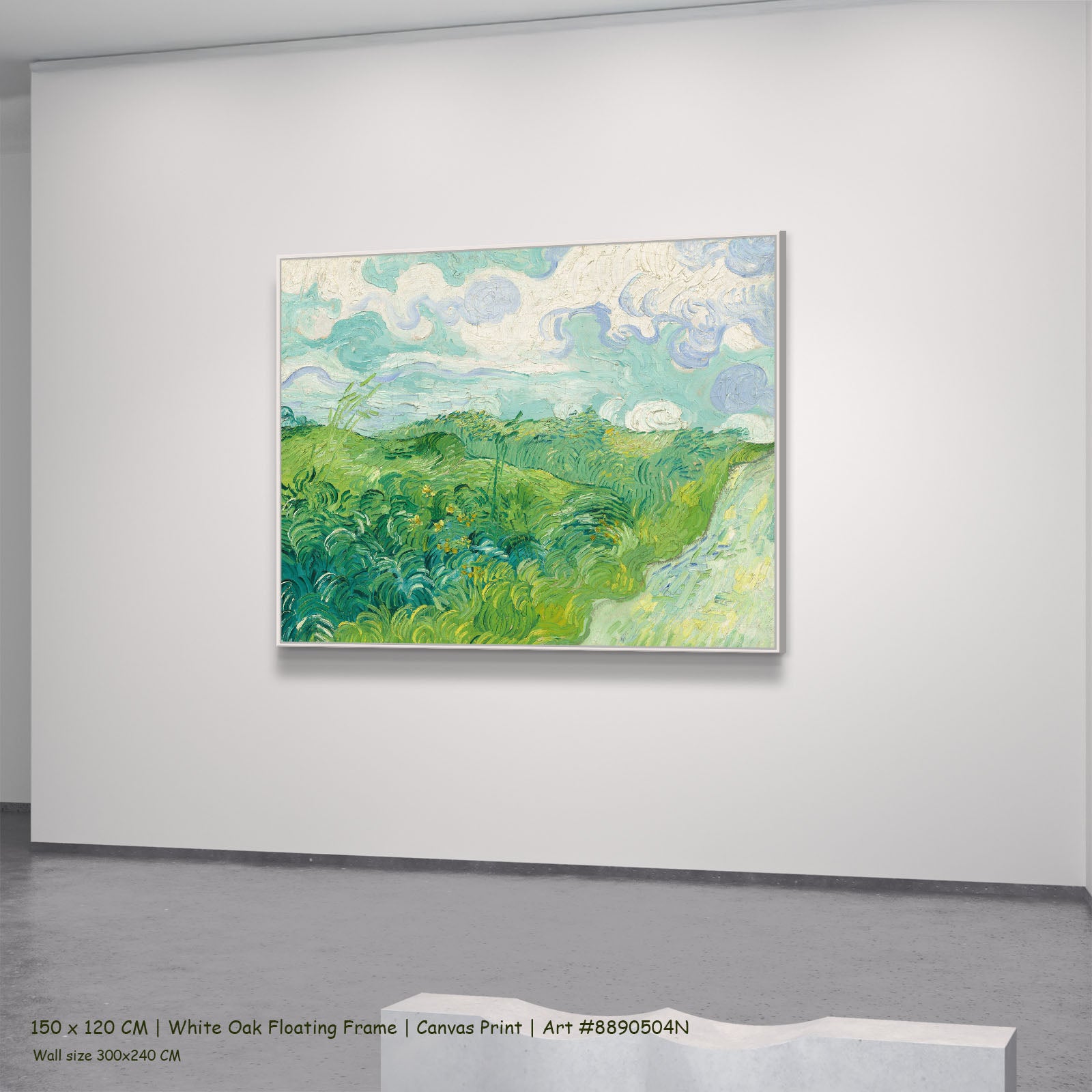 Green Wheat Fields, Auvers by Vincent van Gogh in a white oak floating frame, large green and white Impressionist canvas