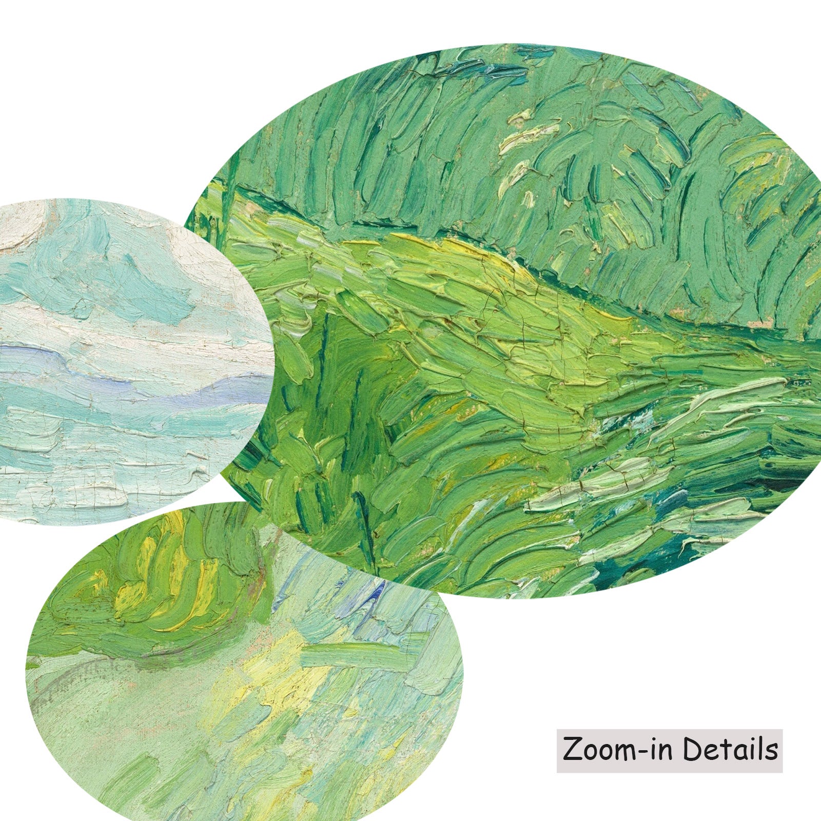Close-up detail of the brushwork on Green Wheat Fields, Auvers, a large green and white Impressionist canvas by Vincent van G