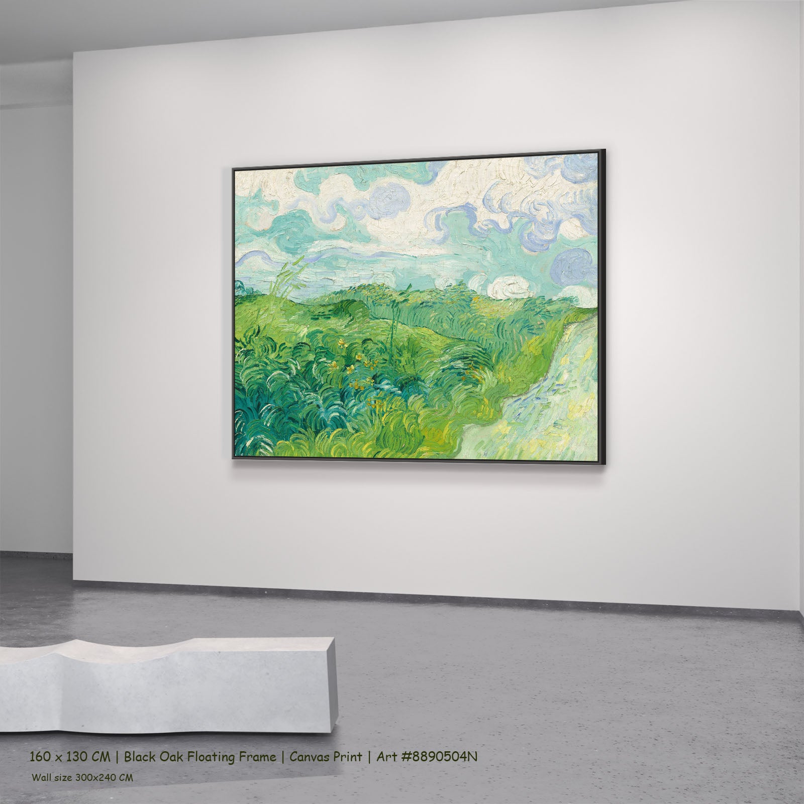 Green Wheat Fields, Auvers by Vincent van Gogh in a black oak floating frame, large green and white Impressionist canvas
