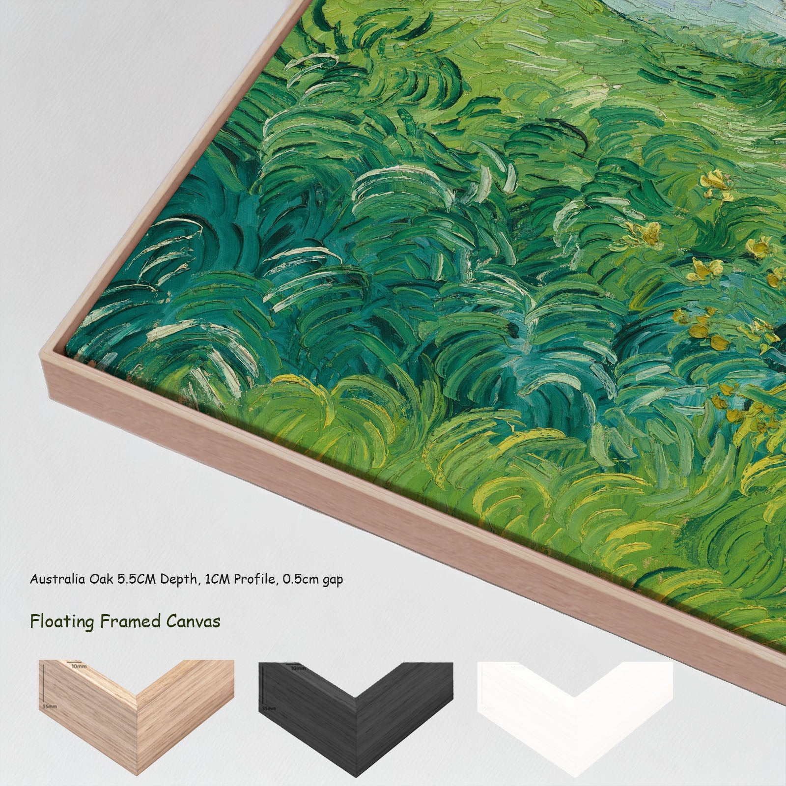 Green Wheat Fields, Auvers by Vincent van Gogh in a floating frame, large green and white Impressionist canvas print