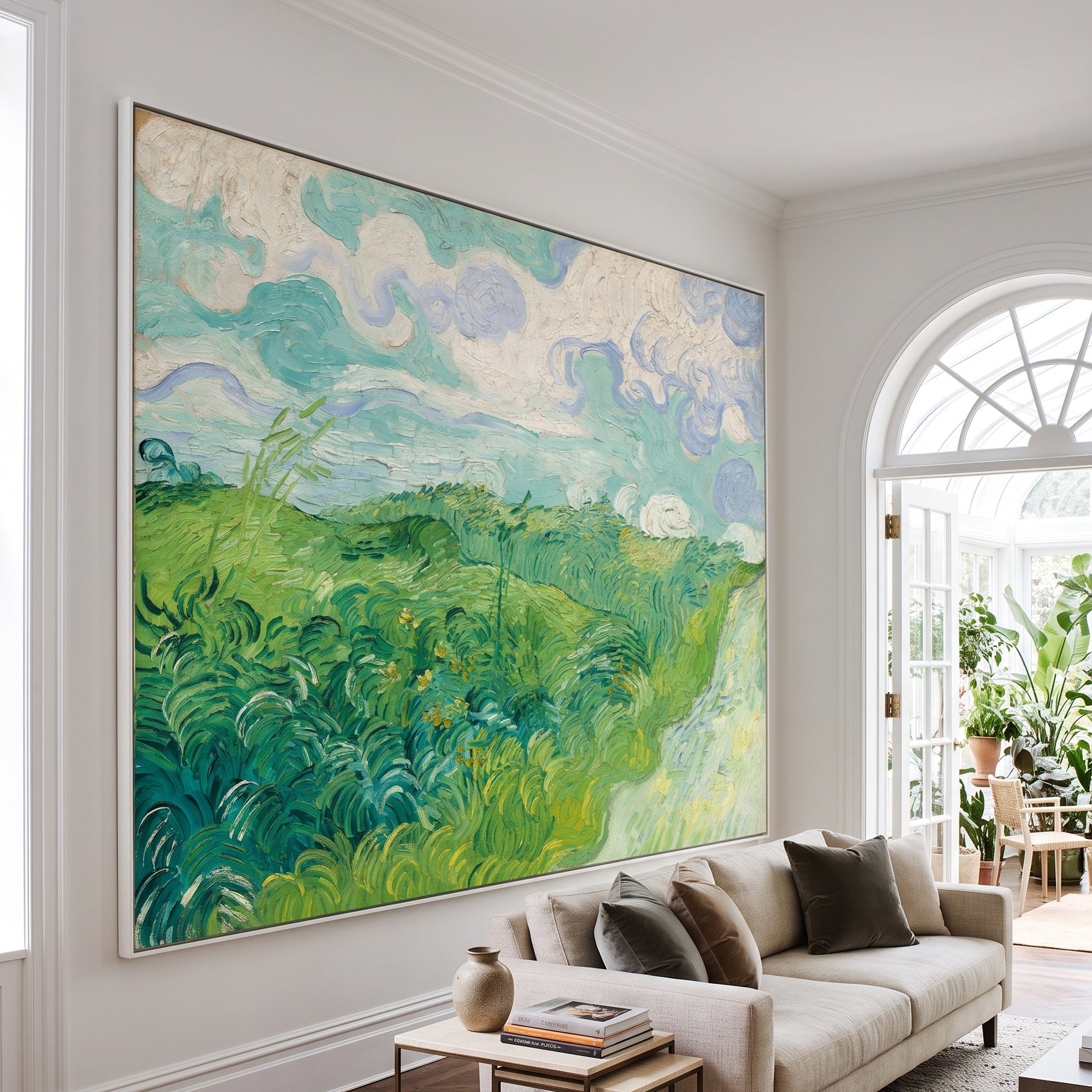 Green Wheat Fields, Auvers by Vincent van Gogh — large green and white Impressionist canvas art on a hallway wall