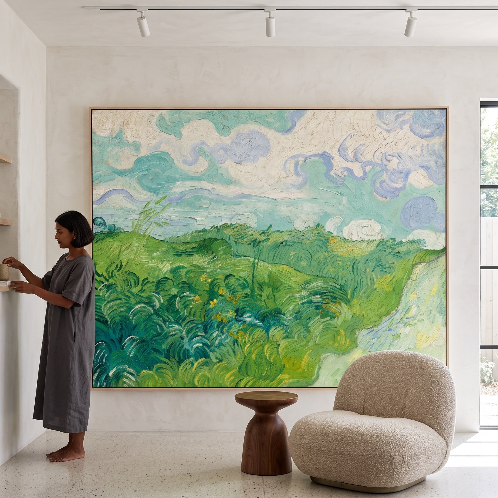 Green Wheat Fields, Auvers by Vincent van Gogh — large green and white Impressionist canvas art on a living room wall
