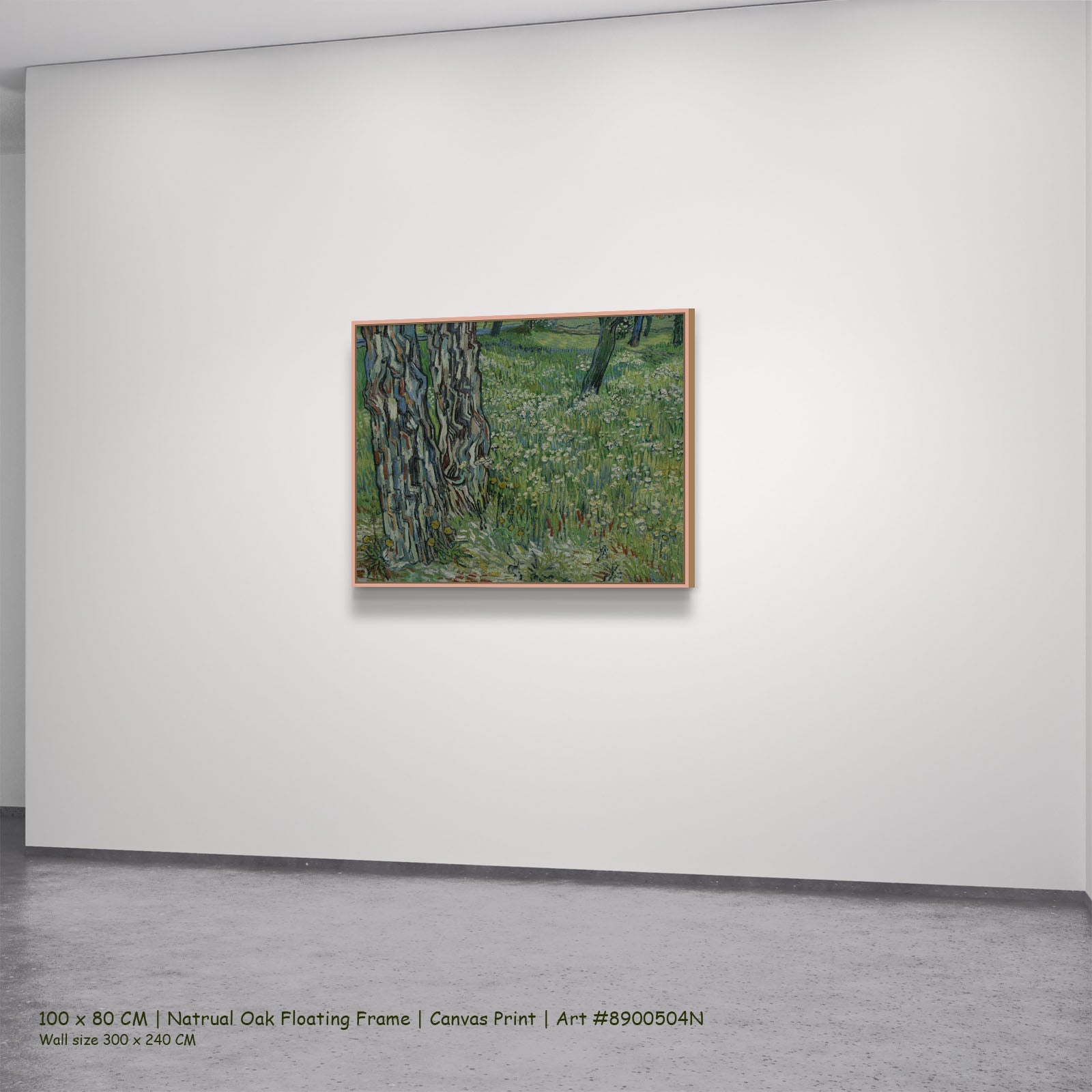Tree Trunks in the Grass by Vincent van Gogh in a natural oak floating frame, large green and grey Impressionist canvas