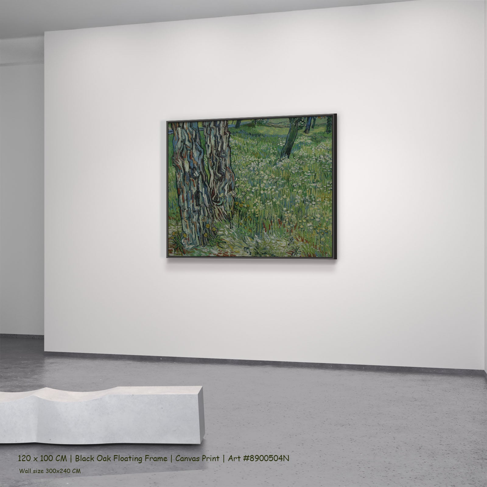 Tree Trunks in the Grass by Vincent van Gogh in a black oak floating frame, large green and grey Impressionist canvas