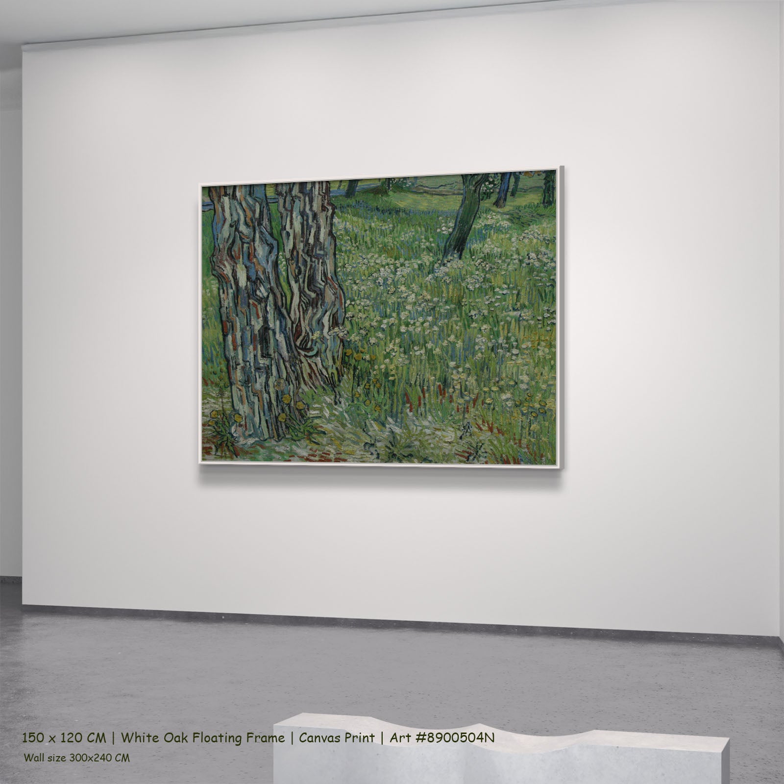 Tree Trunks in the Grass by Vincent van Gogh in a white oak floating frame, large green and grey Impressionist canvas