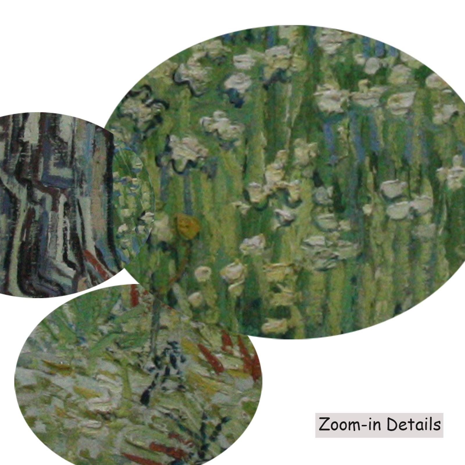 Close-up detail of the brushwork on Tree Trunks in the Grass, a large green and grey Impressionist canvas by Vincent van Gogh