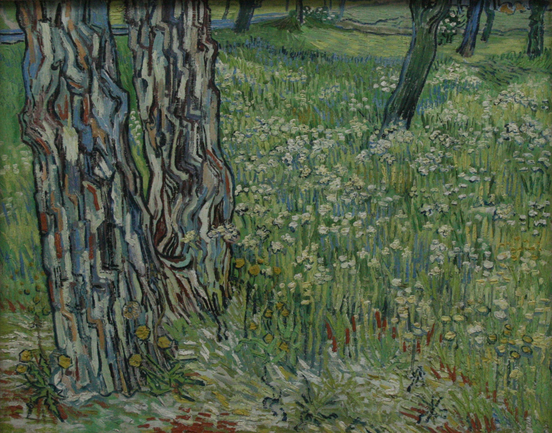Large green and grey Impressionist canvas print of Tree Trunks in the Grass by Vincent van Gogh