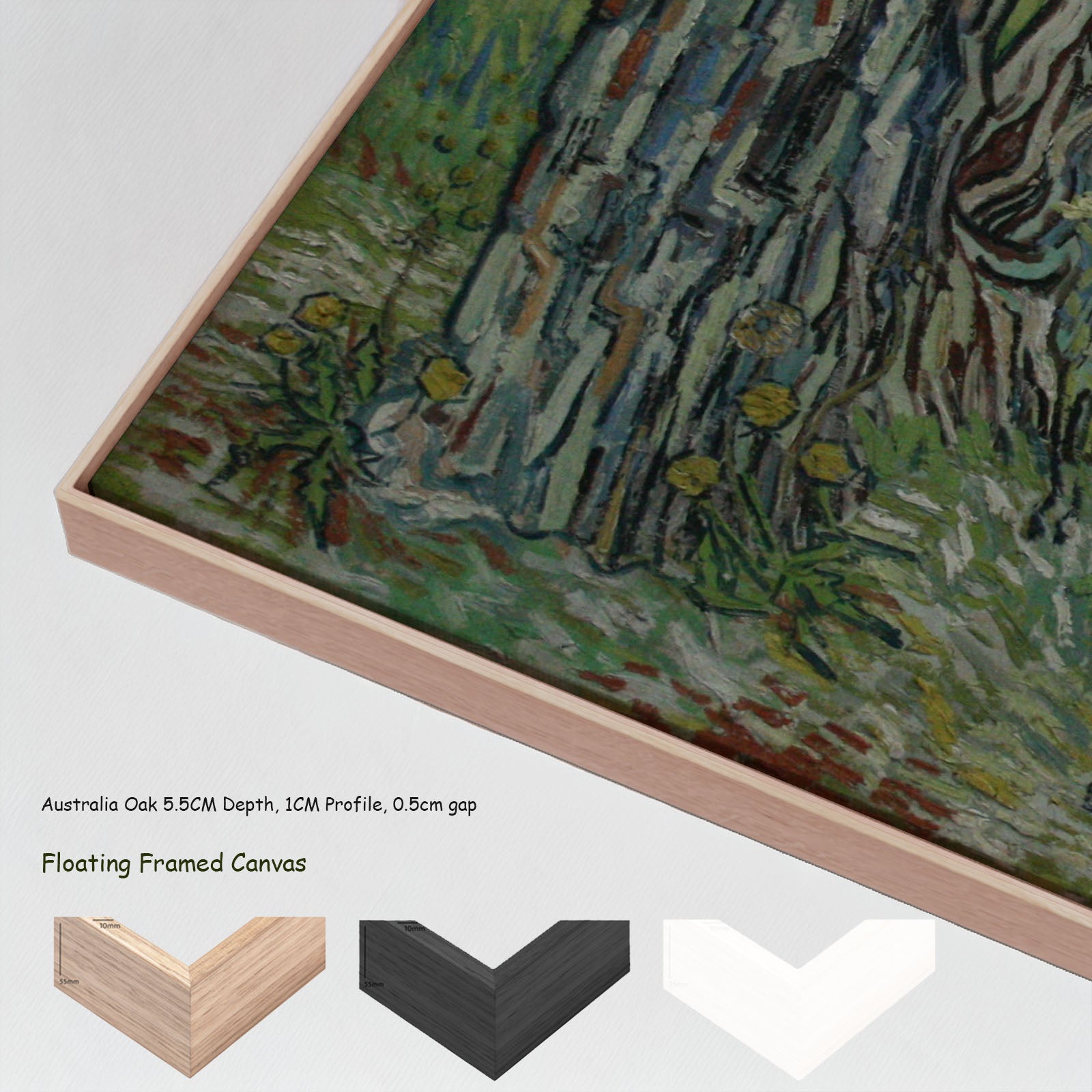 Tree Trunks in the Grass by Vincent van Gogh in a floating frame, large green and grey Impressionist canvas print