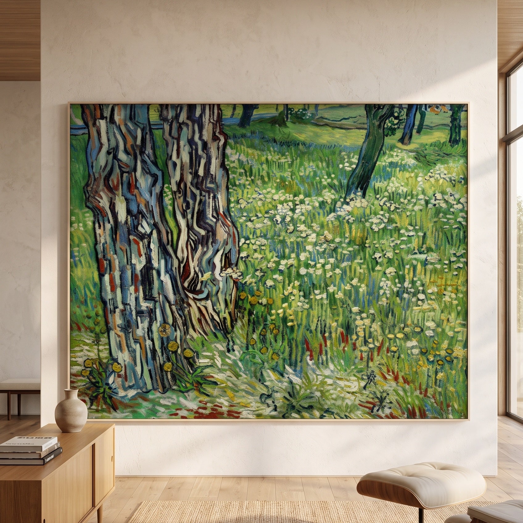 Tree Trunks in the Grass by Vincent van Gogh — large green and grey Impressionist canvas art displayed on a wall