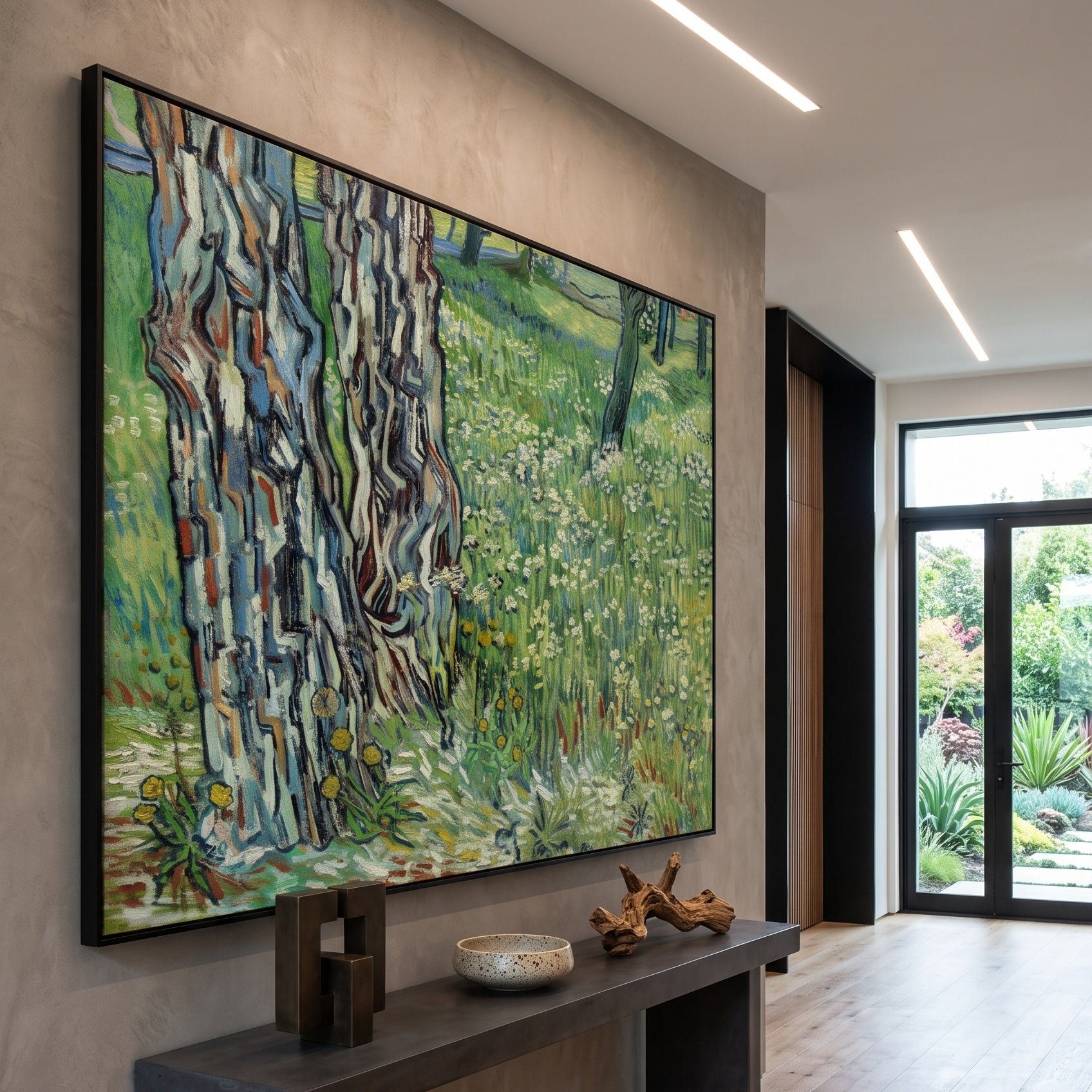 Tree Trunks in the Grass by Vincent van Gogh — large green and grey Impressionist canvas art on a hallway wall