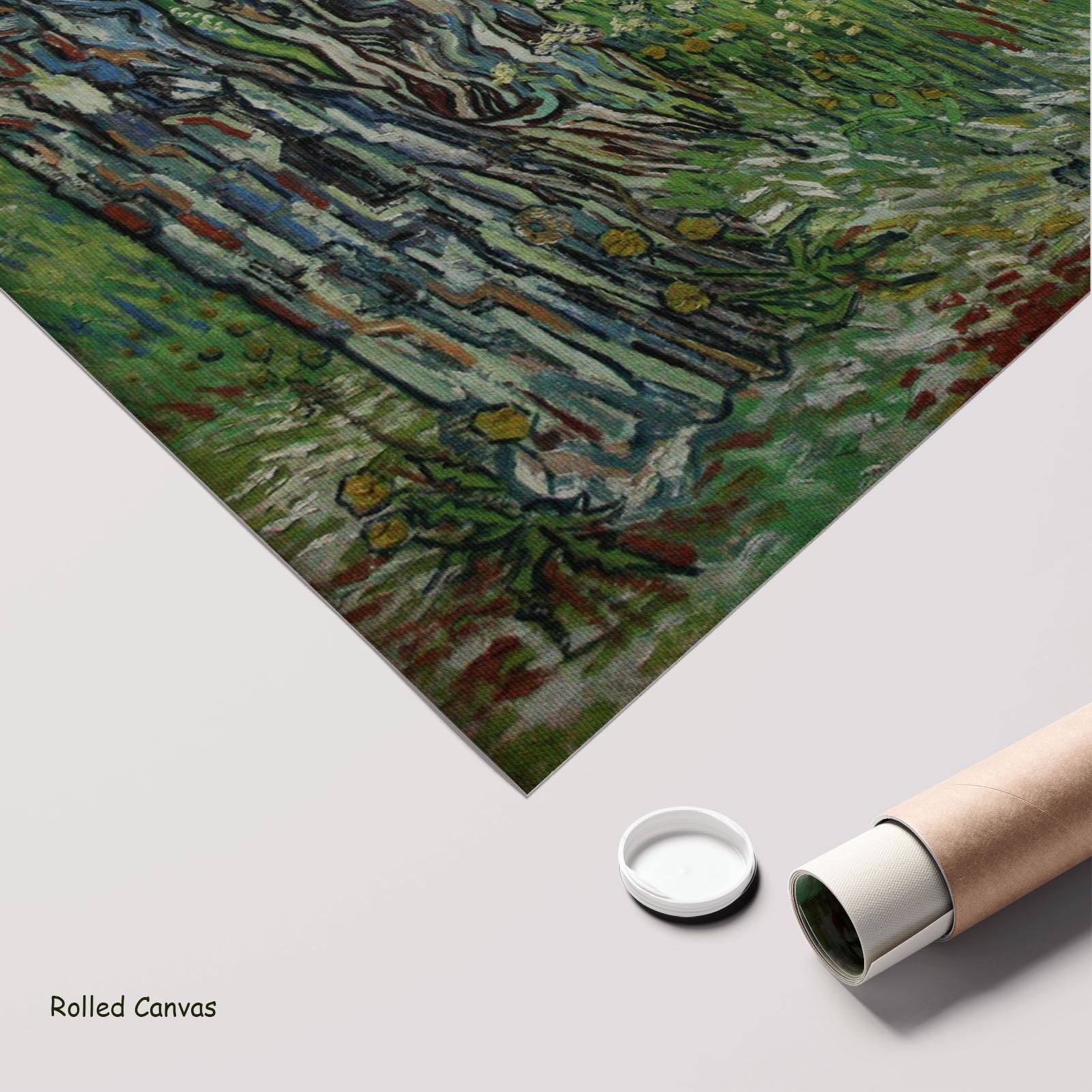 Tree Trunks in the Grass by Vincent van Gogh as a large rolled green and grey Impressionist canvas print