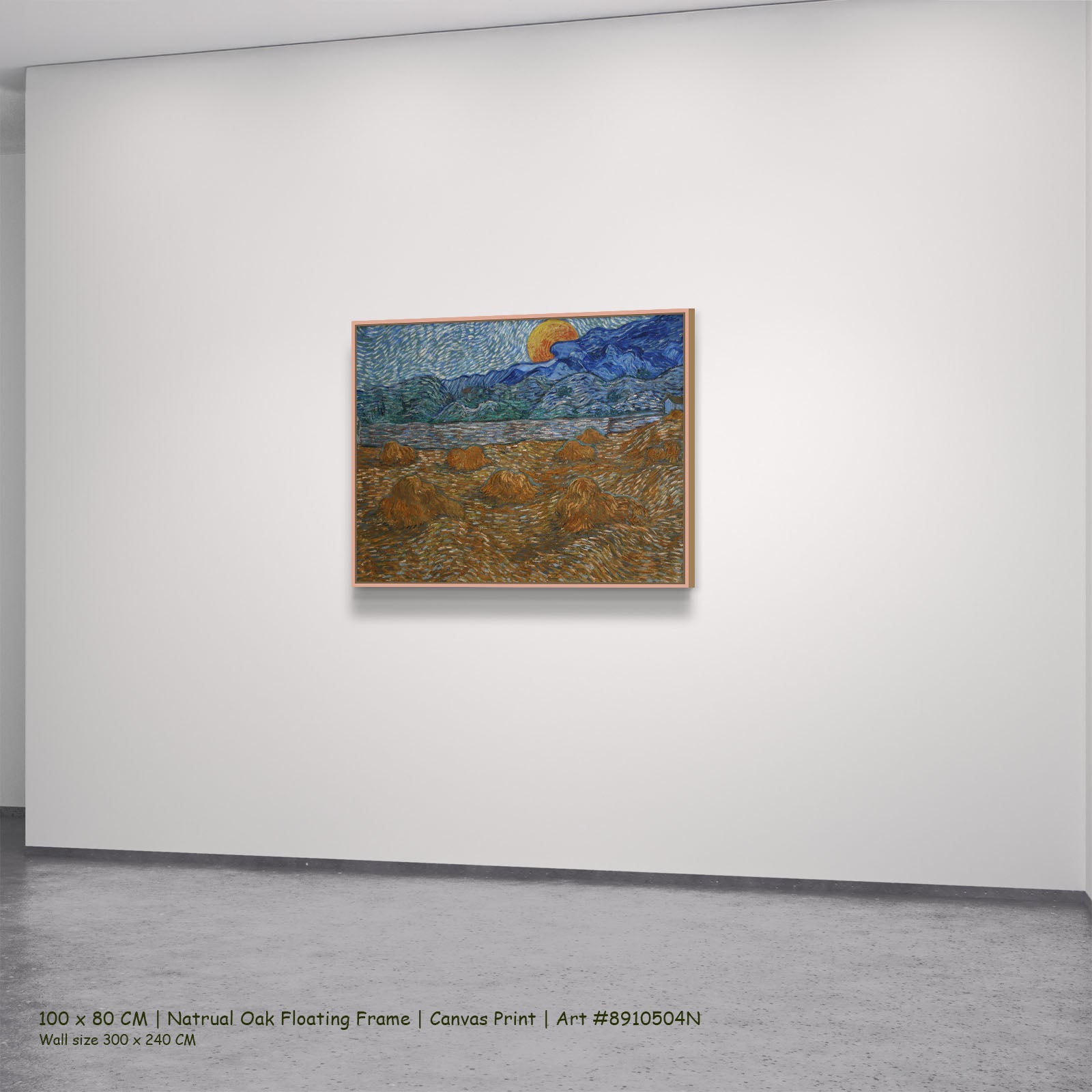 Landscape with Wheat Sheaves and Rising by Vincent van Gogh in a natural oak floating frame, large blue and gold Impressionis