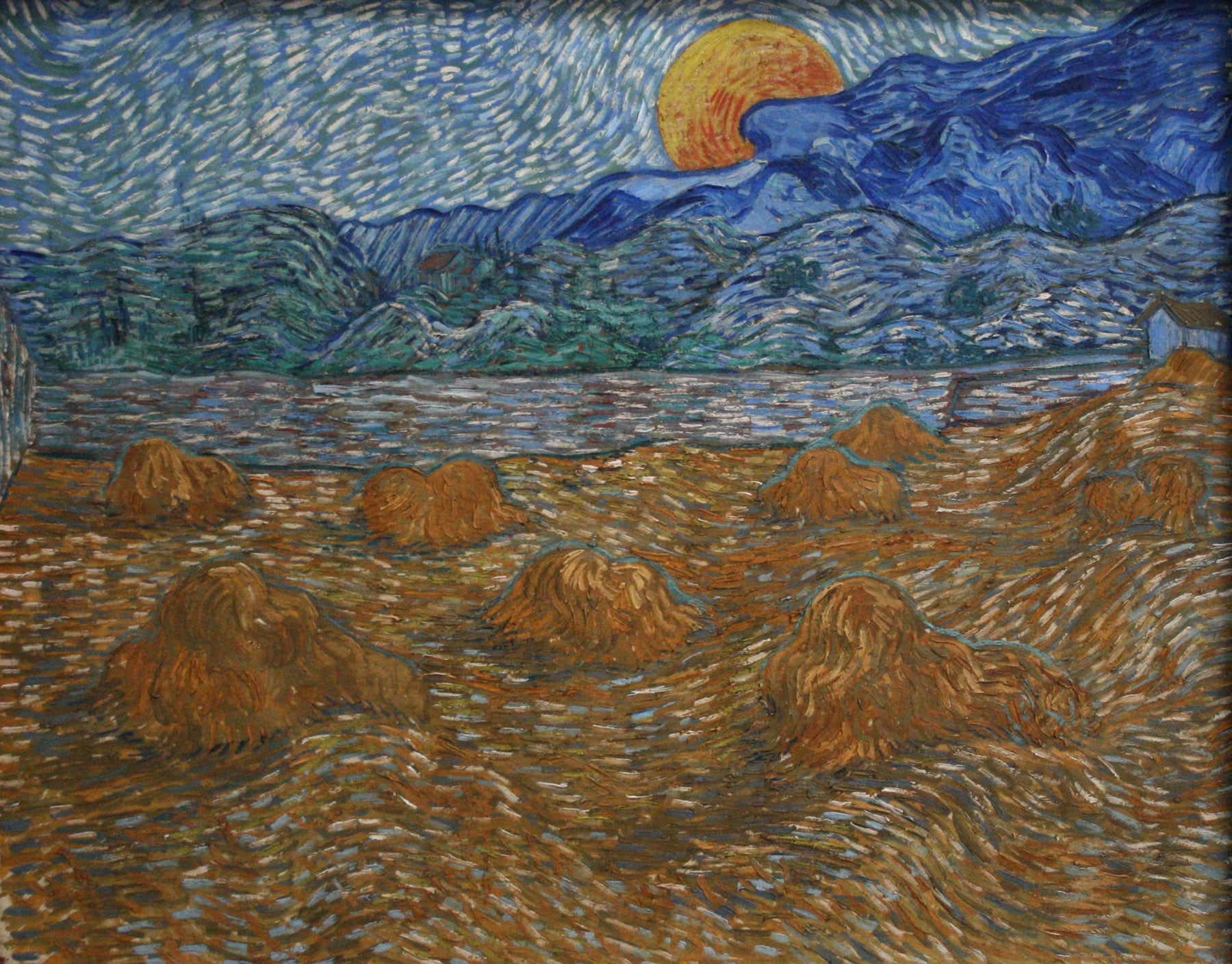 Large blue and gold Impressionist canvas print of Landscape with Wheat Sheaves and Rising by Vincent van Gogh